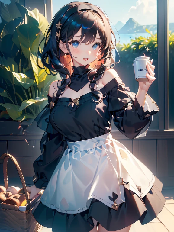 (perky chest:1.2), (pointed chest:1.2),(((Black Tunic:1.3))),(((cakes and bread in the basket),Cute and beautiful girl,Cute round face,Cute smile,with blush cheeks,Red Lip,solo, looking at viewer, open mouth, have a cute grass of cute beergrass,black hair, dark green eyes, dress, bare shoulders, jewelry, collarbone, sidelocks, hairband, earrings, indoors, off shoulder, sweater, arms behind back, plant, short hair with long locks, gild hairband, off-shoulder dress, sweater dress, off-shoulder sweater, black sweater, dark gord hair, big side hair, very long side hair,is rendered in (masterpiece: 1.2, best quality), with (ultra high resolution) and an exquisite (depth of field),(Bangs are see-through bangs),hair pin,hair adornments,detailed clothes features,Detailed hair features,detailed facial features,(Dynamic angles),(Dynamic and sexy poses),Cinematic Light,(masutepiece,top-quality,Ultra-high resolution) ,(The 8k quality,Anatomically accurate facial structure,),(Sea Art 2 Mode:1.3),(Image Mode Ultra HD) ,(Hold a coffee in your hand:1.3),delicate beautiful face, Bright blue eyes, cute eyes, sparkling eyes, Big eyes, (perky chest:1.1), (pointed chest:1.3), looking at viewer,
