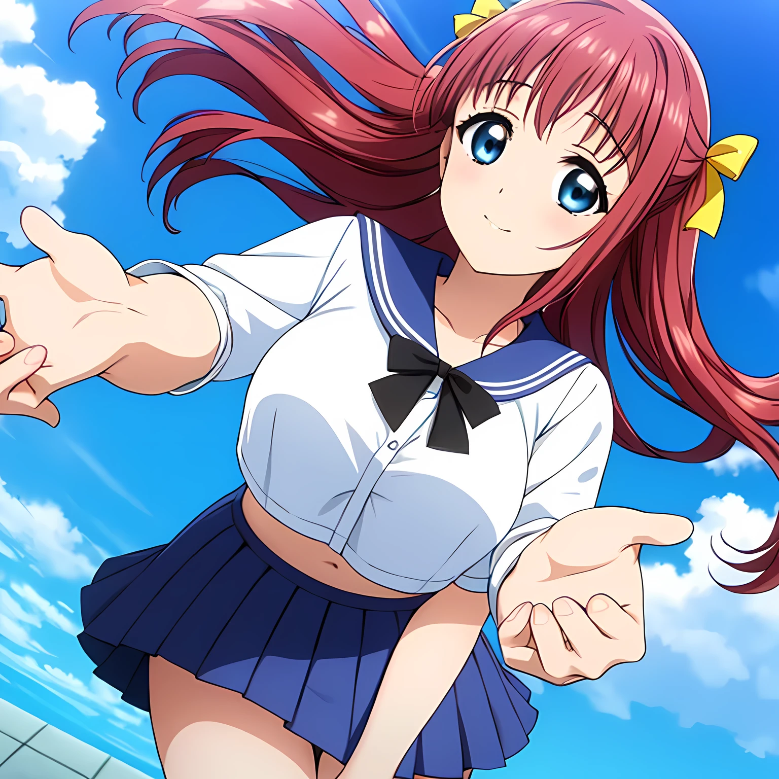 (highest quality, masterpiece:1.2), highest quality, High resolution, 1080p, 8K, CG of the heroine of a beautiful girl game, Height: 158cm, A beautiful heroine falls from the sky like an angel, smiling., A face that everyone loves, Glossy lips, Even bangs, Double, Long eyelashes on both the top and bottom, Big wide blue eyes, The very large and thick yellow ribbon bowtie is very cute., Beautiful, shiny red long hair, A long, neat, dark navy pleated skirt, (((A winter sailor uniform in dark navy blue))), Ribbon in hair, Thick calves, Tight waist, ((Navy blue pleated skirts fall from the sky, one after another.)), Approaching the viewer with open arms, ((now、God to the viewers々Trying to kiss you)), A very sacred temple in the sky, Shooting from below