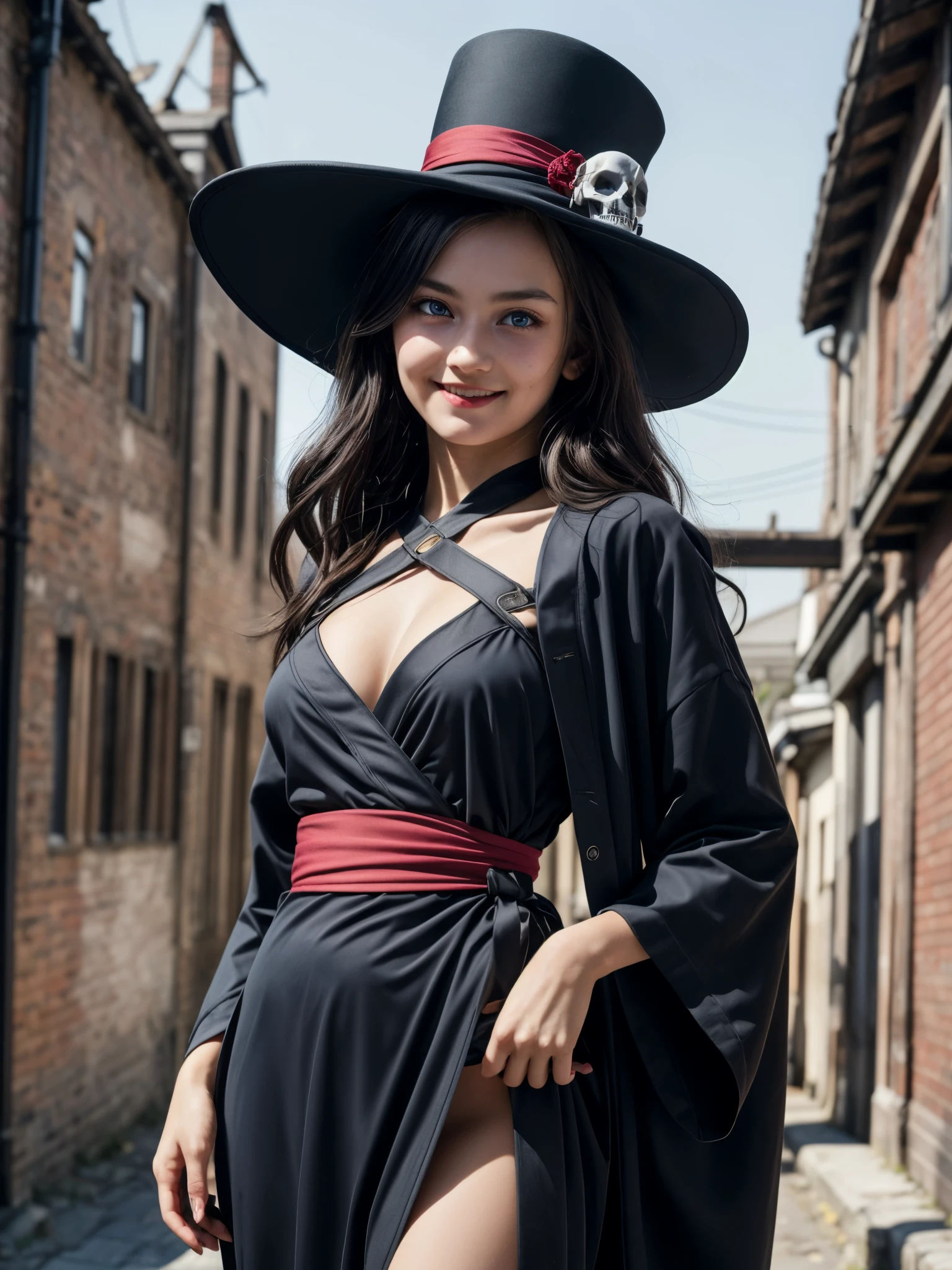 1girl, worn-out robe, very long hair, wide victorian hat, sash, kimono, skull hairpin, best quality, (realistic:1.3), seductive expressions, blue pupils, (oiled skin:1.2), detailed face, droopy eyes, black theme, complex thin harness wrapping the body, smile, looking at viewer, exposure, glossy black marble, light reflection, outdoor, (, cute:1.3), (breasts:1.2),