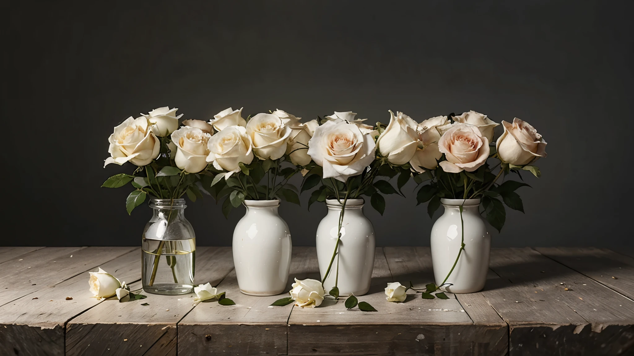 bunch of white rose oil painting, rustice look, old fashion in grey background and bright
