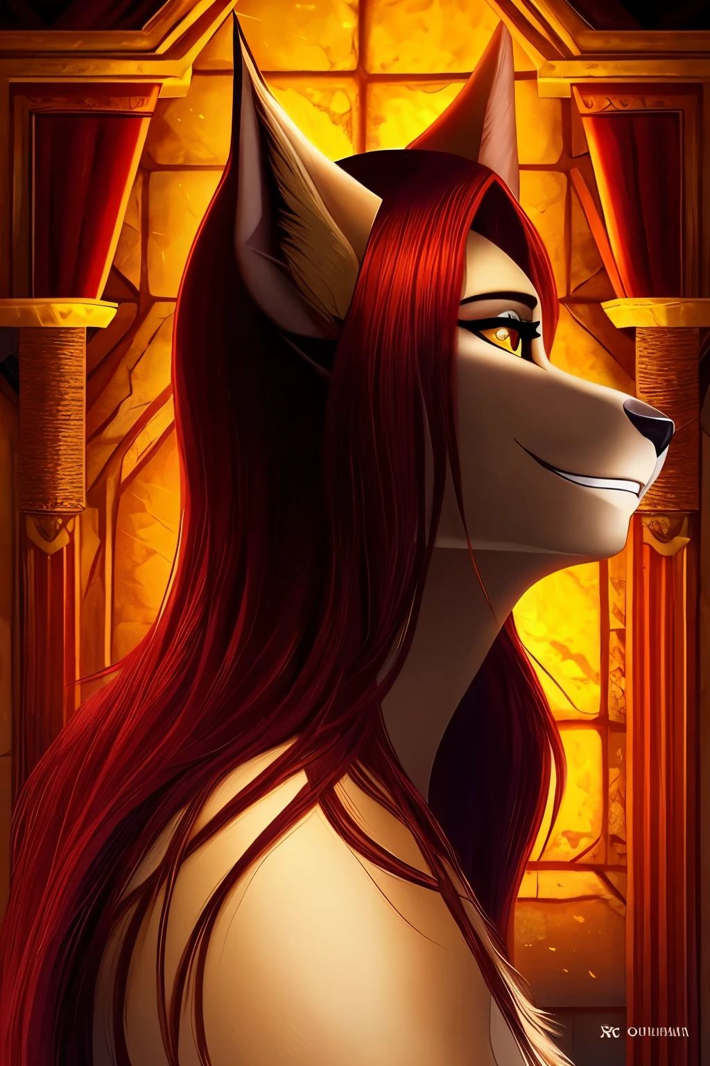 Medium close-up shot, in a dimly lit room with a soft, flickering candlelight, a seductively posed furry anthro, Safada, stands revealed, her fur sleek and gleaming, showcasing her horniness in all its glory. She is pelada, her fur parted to reveal her luscious, voluptuous body, her eyes half-lidded, a wicked smile playing on her lips. Her fur, a deep shade of auburn, contrasts beautifully with her milky-white skin, her eyes, a stunning yellow, glowing like embers in the dim light. The room is adorned with medieval decor, stone walls adorned