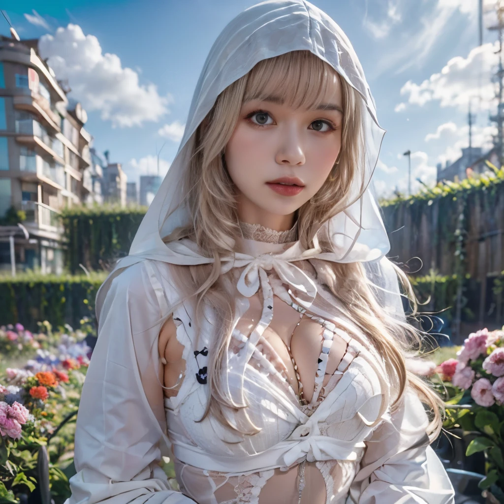 TTTUUU,1 Girl,Genie,3d,hood,close-up,lace,looking at viewer,photorealistic,realistic, Garden, Buildings,