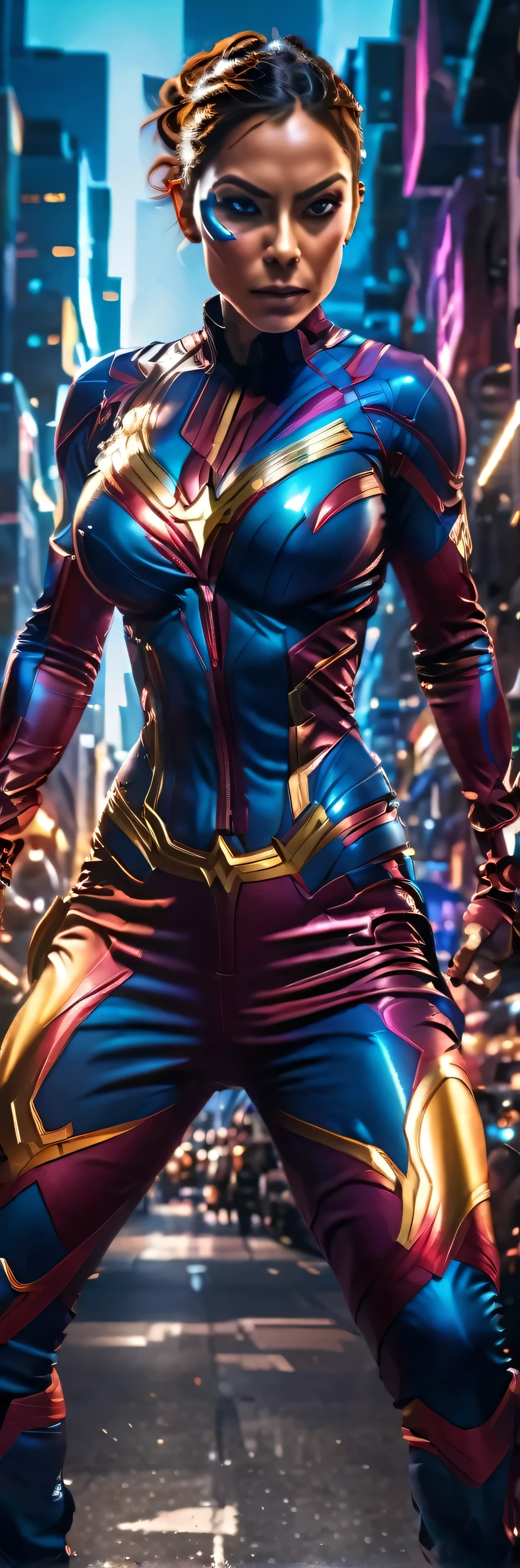 a female superhero in a tight combat suit, detailed face, intense expression, muscular physique, dynamic pose, urban city backdrop, dramatic lighting, cinematic composition, vibrant colors, photograph,UHD,masterpiece, 8k, hyper detailed