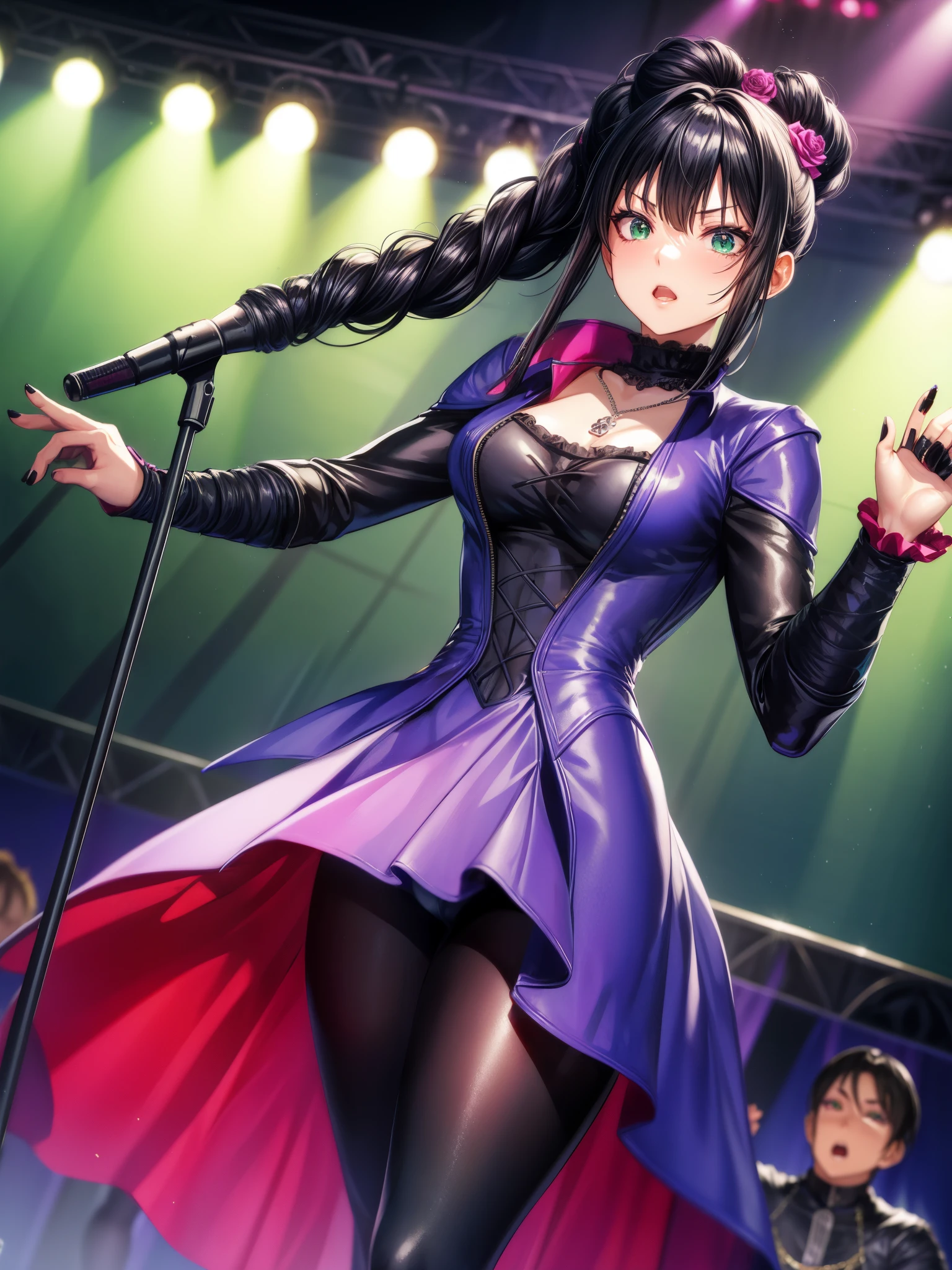 score_9、score_8_up、score_7_up、source_anime、1 person、solo、Staring at the audience、Asagi Igawa、Long Hair、Hair between the eyes、Black Hair、Blue Hair、Gothic、Goth Fashion、Black Dress、Frills、lipstick、eye shadow、make、Long sleeve、Puff sleeves、Hair Flowers、rose、jewelry、Cross Necklace、stage、microphone、concert、（shine）、Sparkle、Contrapposto、Spread your legs、Are standing、Green Eyes、Layered Dresses、Black nails、pantyhose、stageライト、Spotlight、microphoneスタンド、audience、（crowd）、Cowboy Shot、petticoat、Serious、Lips slightly open