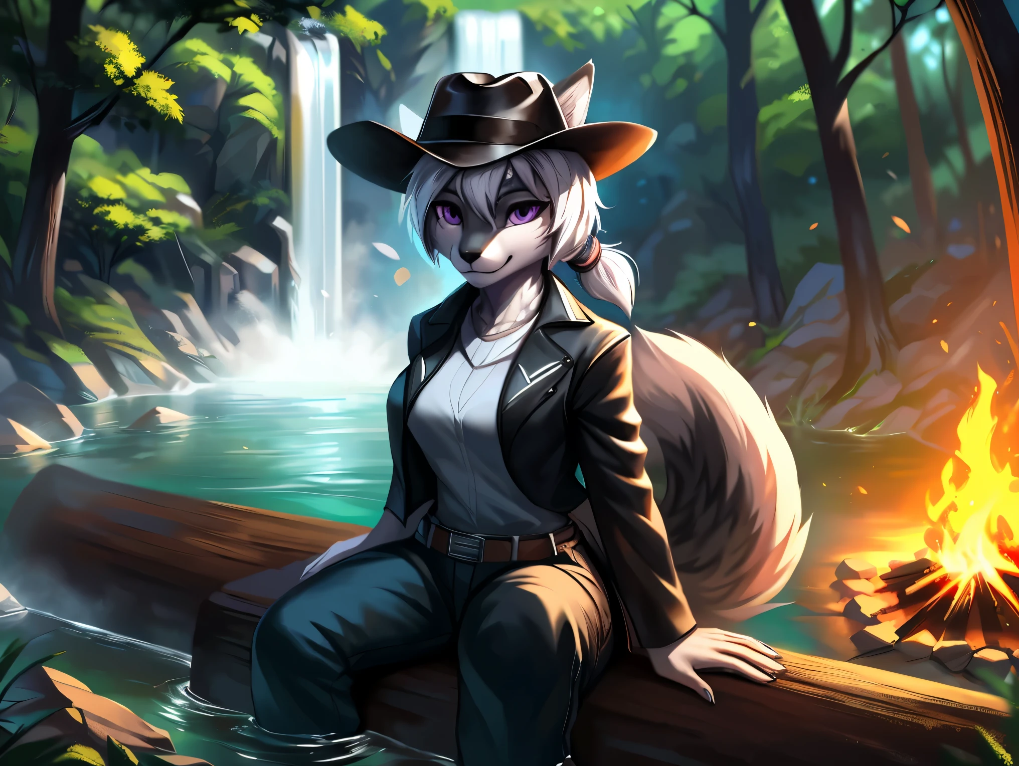 fox, female, solo, white hair, ponytail, ((grey fur)), (purple eyes), covered breasts, ((black gambler clothes)), (((large cowboy hat))), (((black cowboy hat))), black pants, purple handkerchief, forest, sitting on log, campfire, ((waterfall)), (up close), Very good figure, best quality, highres, 16k, Natural soft light, Tyndall effect, Advanced film lighting, Unreal Engine5, Extremely realistic, A high resolution, perfect masterpiece, high quality, high resolution