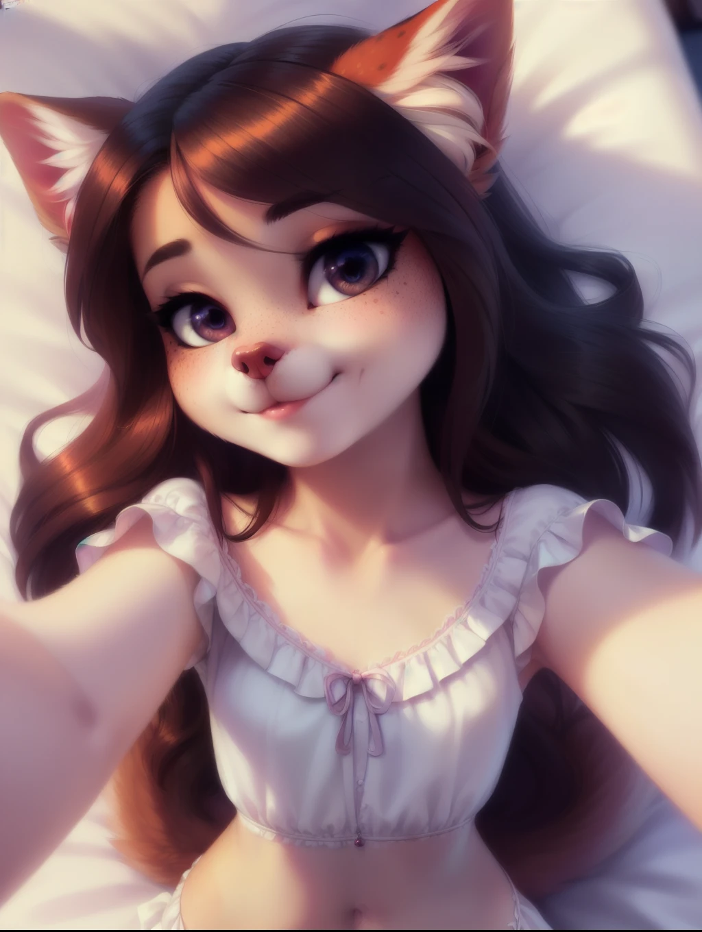 beautiful and detailed upper body portrait , ((young anthro domistic dog)), anatomically correct, Schlank, Hochgeladen E621, detailed flauschige fur, (von Fluff-Kevlar, Iskra, personalami, Pino Daeni), 1girl, cute blouse, adorable, bed, 1girl, realistic, ultra sharp image, view from above, (solo), highly detailed, first person view, masterpiece, lying on her back, beautiful hair, flat chest, dark hair, perfect eyes, absurd resolution, cute snout, waiting, freckles , eyelashes, (kissy face), (Kissing mouth), first kiss, very young girl, detailed facial features, sharp focus, selfie, (full body 1:2),  fluffy tail, 