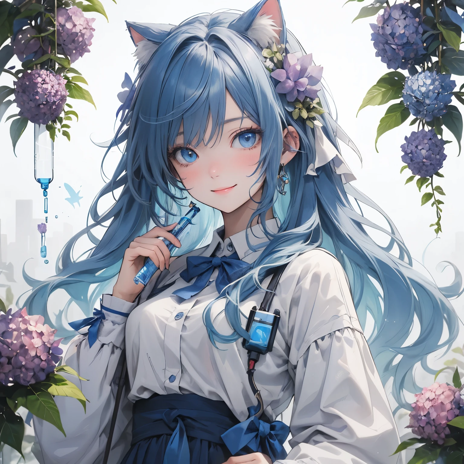 (masterpiece), highest quality, Ultra-high resolution,Cat with blue ribbon、Blue Hair、Blue eyes、Blue clothes、hydrangea、smile、Test tube、(experiment:1.3)、Researcher、(White:1.3)