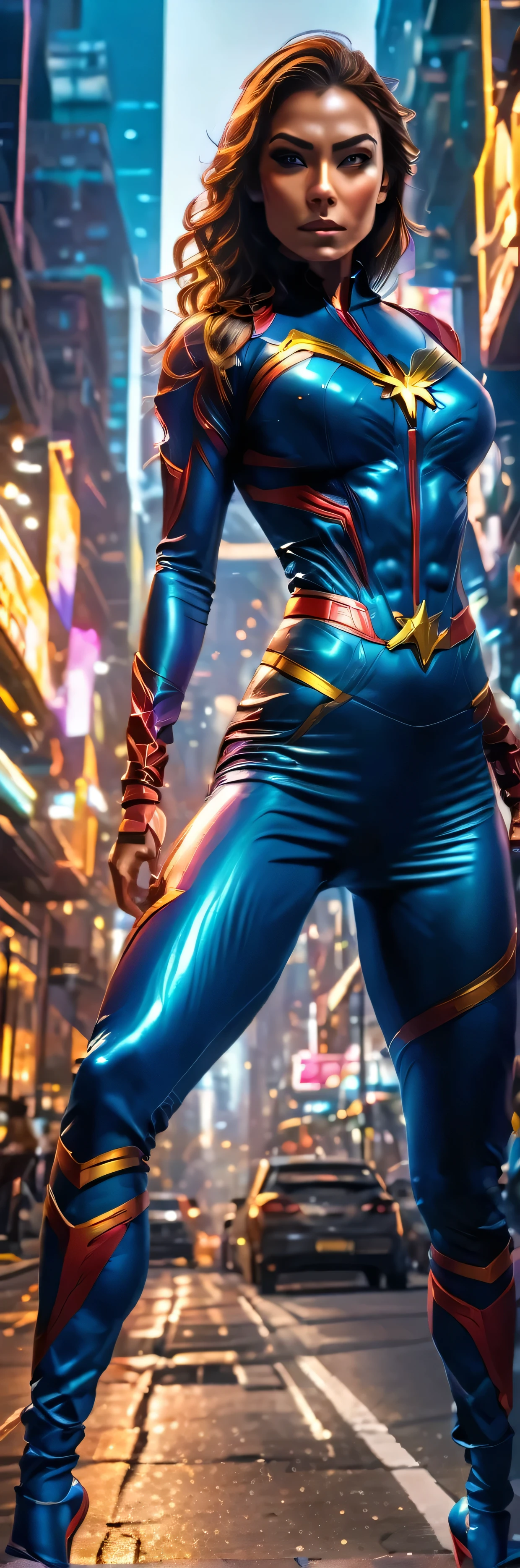 a female superhero in a tight combat suit, detailed face, intense expression, muscular physique, dynamic pose, urban city backdrop, dramatic lighting, cinematic composition, vibrant colors, photograph,UHD,masterpiece, 8k, hyper detailed