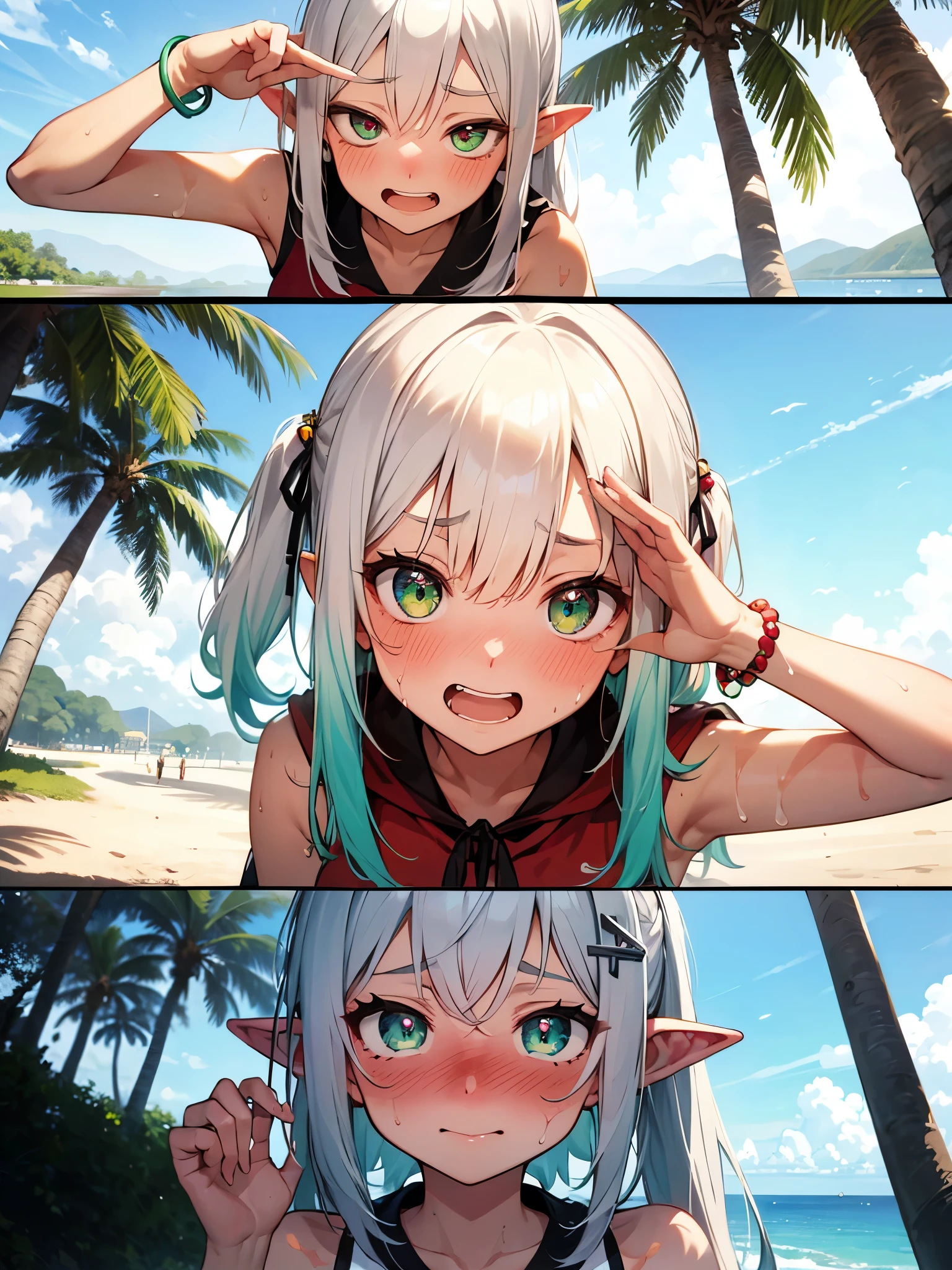 NSFW,Long Hair、Green Eyes、bangs、Pointed Ears、hair ornaments、White Hair、Symbol-shaped pupil、Multicolored Hair、Side Ponytail、Gradient Hair、Green Hair、Hair between the eyes、Cross-shaped pupil、smile、gem、葉っぱのhair ornaments、bracelet,(Sunburn:1.5),(Perfect hands),(Perfect Anatomy),(masterpiece),(highest quality),(Embarrassed:1.5),blush,Shy laugh,beach,Palm tree,Rock Shade