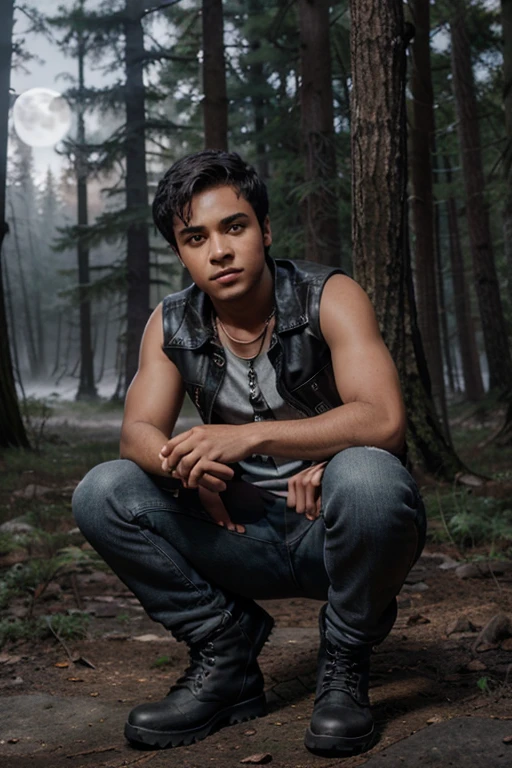 Khylin Rhambo, Mason Hewitt, Wolf, 18 years old, short messy black hair, brown eyes, red t-shirt, sleeveless dark gray jean jacket with moon print, light brown jean pants, black combat boots. silver pendant, white wolf print. Forest background with fog aura around black color.