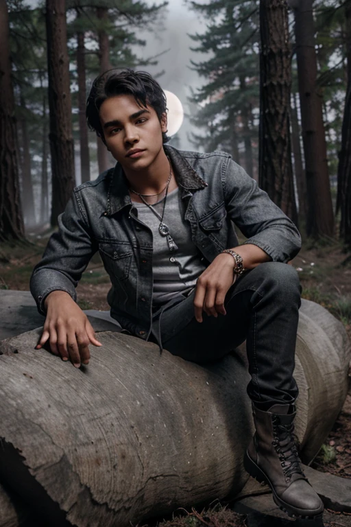 KJ Apa, Archie Andrews, Teen Wolf, 18 years old, short messy red hair, slim muscular build, black eyes, open black shirt, dark blue jeans, black belt, light brown combat boots, silver moon pendant, black misty forest background