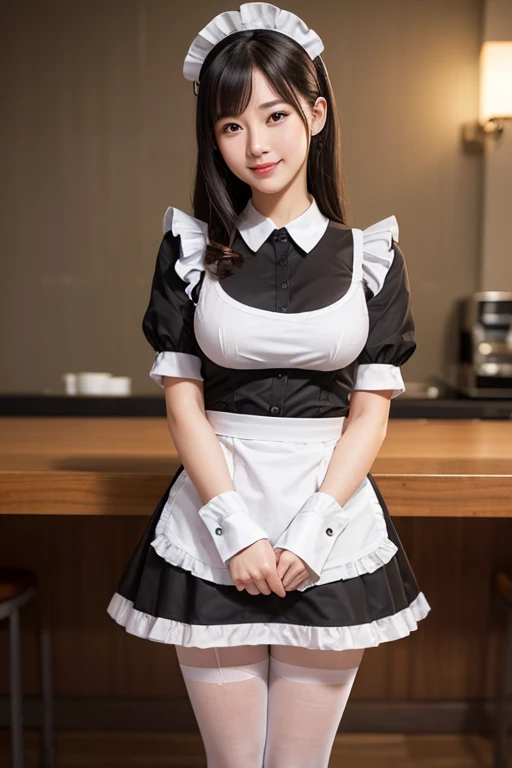 Close-up of a woman wearing a maid outfit, smile, laughter, masterpiece, realistic, sharp focus, (realistic:1.3), ultra high res, 8k, RAW photo, best quality, detailed shadow, amazing, finely detail, sharp focus, (shine light on face:1), (Volumetric lighting:1.4), 1 girl, long hair, black hair, large breasts, heart-shaped face,Full lips,(maid:1.4), black pantyhose, loafers, standing, cafe, from below, looking at viewer