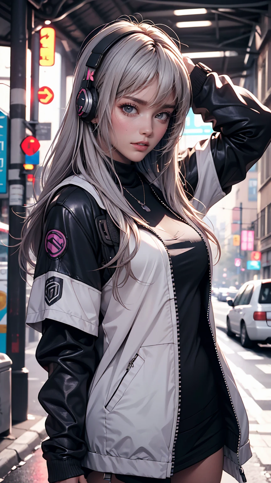 One girl, Gray Hair, Long Hair, Techwear masterpiece, highest quality, Realistic, realism, Dark purple jacket, Portraiture, Fine grain, Wearing the headset, Platinum Hair, 21 year old girl, Fashion pose, Half Body, Wide shot, on the road, cyber punk