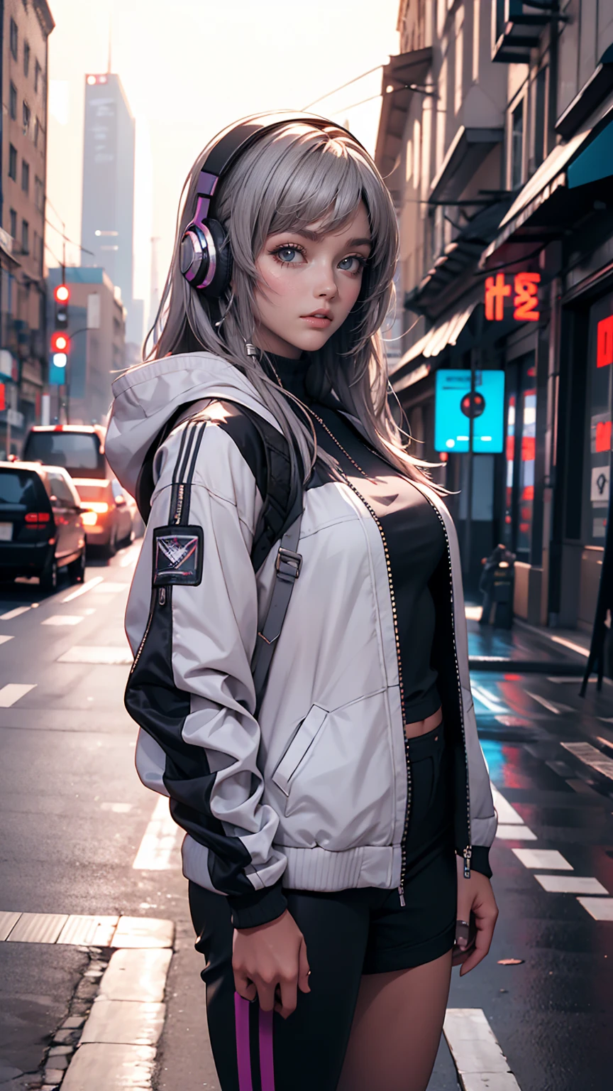 One girl, Gray Hair, Long Hair, Techwear masterpiece, highest quality, Realistic, realism, Dark purple jacket, Portraiture, Fine grain, Wearing the headset, Platinum Hair, 21 year old girl, Fashion pose, Half Body, Wide shot, on the road, cyber punk