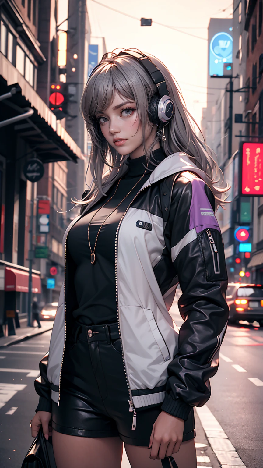 One girl, Gray Hair, Long Hair, Techwear masterpiece, highest quality, Realistic, realism, Dark purple jacket, Portraiture, Fine grain, Wearing the headset, Platinum Hair, 21 year old girl, Fashion pose, Half Body, Wide shot, on the road, cyber punk