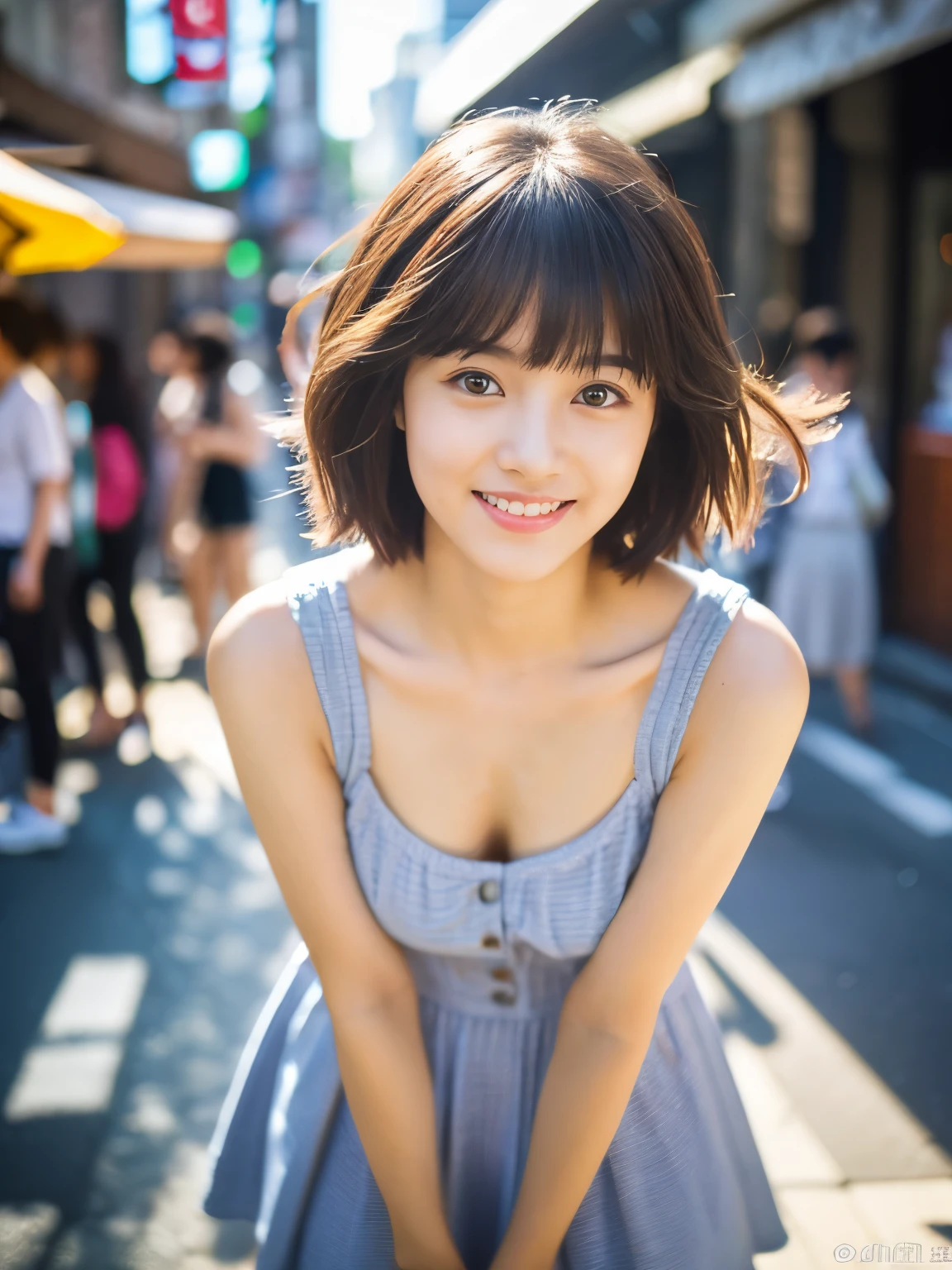ultra best quality、​masterpiece、超hight resolution、depth of fields、(Photorealsitic:1.4)、(awardwinning photo、incredible masterpiece:1.3) 、Raw photography、the golden ratio、the Extremely Detailed CG Unity 8K Wallpapers、Detailed and complex、Original、hight resolution、Raw foto、(perfect body type)、Detailed and complex、Digital SLR、softlighting、(background person blur:1.1)、SIGMA 85 mm F/1.4、50mm Lenac lighting、nffsw、hyper realstic、Color Grade、dynamicposes、Portrait Break、 solo、short-hair:1.4、girl with、Super beauty、(Full body like:1.2)、japanese bodybian、solo)、thighs gap、A smile:1.4、University、cute little high school girl、short-cut、Detailed Realistic、Skin Texture、(realistic human skin texture)、Front view View viewer、natural soft light、Daytime、in a street、deep-shadows、cute little、21 years old BREAK、 a street、The state of the store、akihabara、Shinjuku、with no people、(akihabara:1.2)