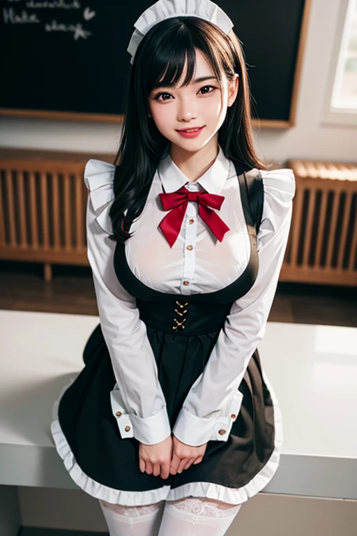 Close-up of a woman wearing a maid outfit, smile, laughter, masterpiece, realistic, sharp focus, (realistic:1.3), ultra high res, 8k, RAW photo, best quality, detailed shadow, amazing, finely detail, sharp focus, (shine light on face:1), (Volumetric lighting:1.4), 1 girl, long hair, black hair, large breasts, heart-shaped face,Full lips,(maid:1.4), black pantyhose, loafers, standing, cafe, from below, looking at viewer