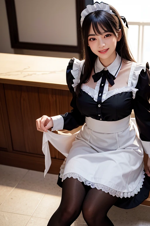 Close-up of a woman wearing a maid outfit, smile, laughter, masterpiece, realistic, sharp focus, (realistic:1.3), ultra high res, 8k, RAW photo, best quality, detailed shadow, amazing, finely detail, sharp focus, (shine light on face:1), (Volumetric lighting:1.4), 1 girl, long hair, black hair, large breasts, heart-shaped face,Full lips,(maid:1.4), black pantyhose, loafers, standing, cafe, from below, looking at viewer