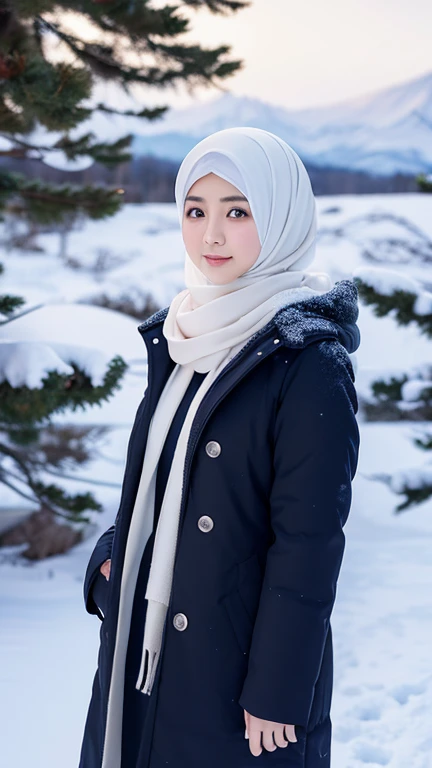 Japanese muslim girl, Modern plain hijab, perfect body figure, Girl wearing long winter coat with hood, snow landscape