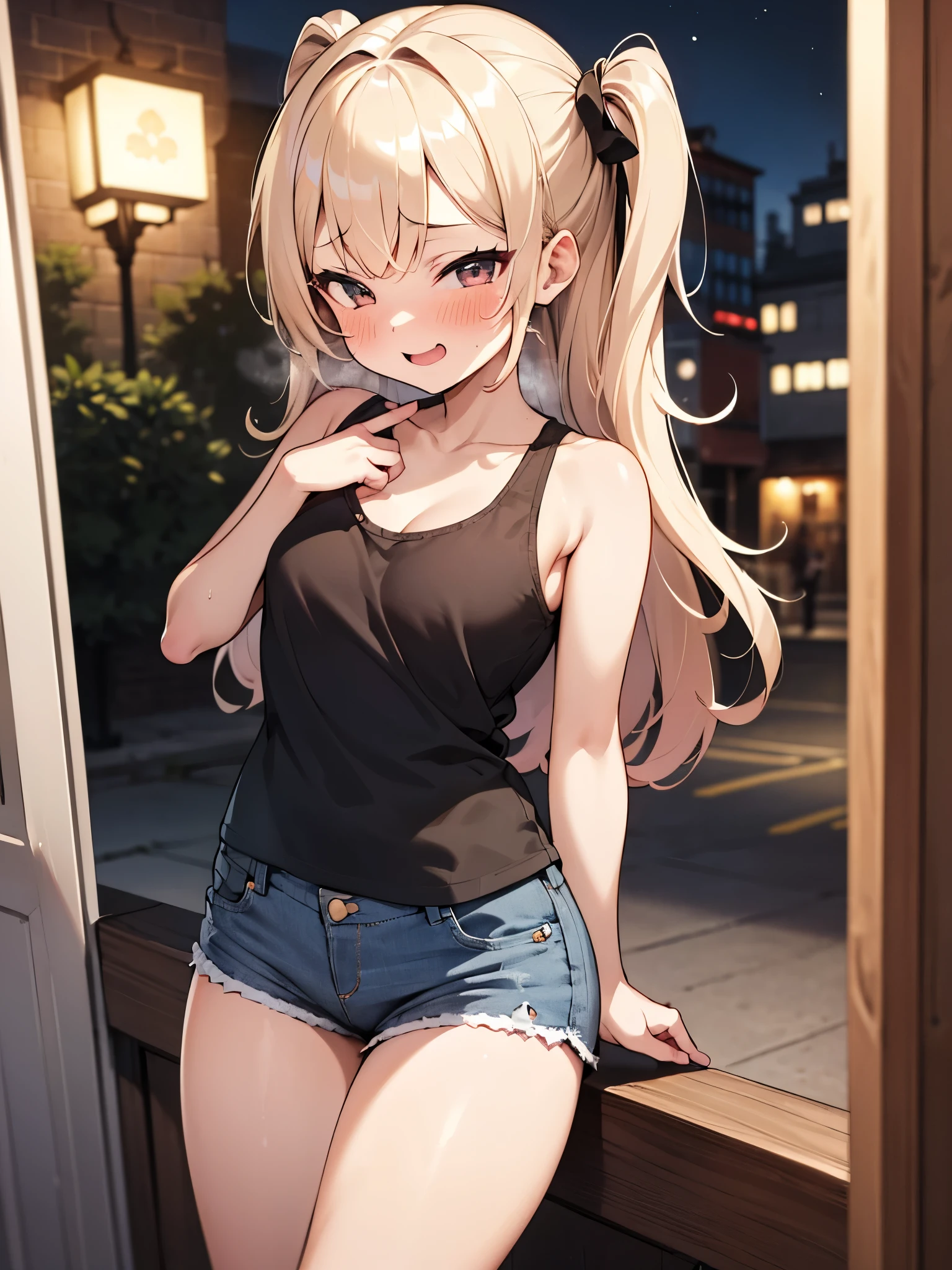 NSFW,(One girl:1.5),Blonde,Very long hair、Messy Hair、Flat Chest,Tank top,cropped,High leg shorts,pantyhose,(Perfect hands),(Perfect Anatomy),(masterpiece),(highest quality),(Embarrassed:1.5),blush,Shy laugh,Downtown at night,Back Alley,Street lamp