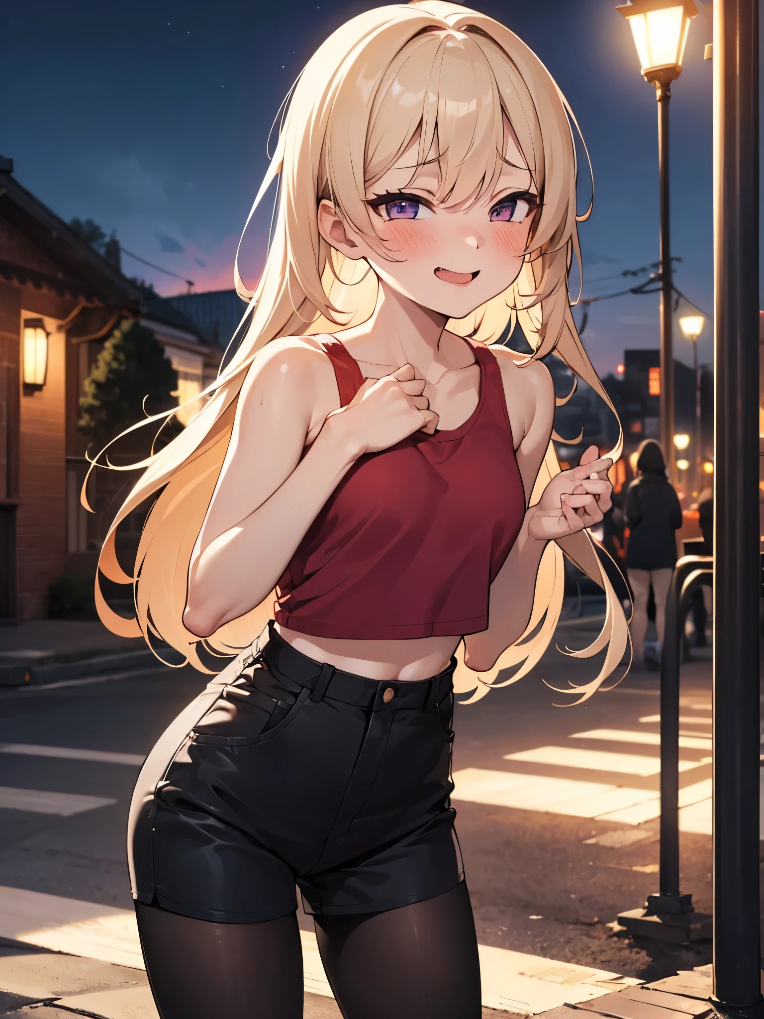 NSFW,(One girl:1.5),Blonde,Very long hair、Messy Hair、Flat Chest,Tank top,cropped,High leg shorts,pantyhose,(Perfect hands),(Perfect Anatomy),(masterpiece),(highest quality),(Embarrassed:1.5),blush,Shy laugh,Downtown at night,Back Alley,Street lamp