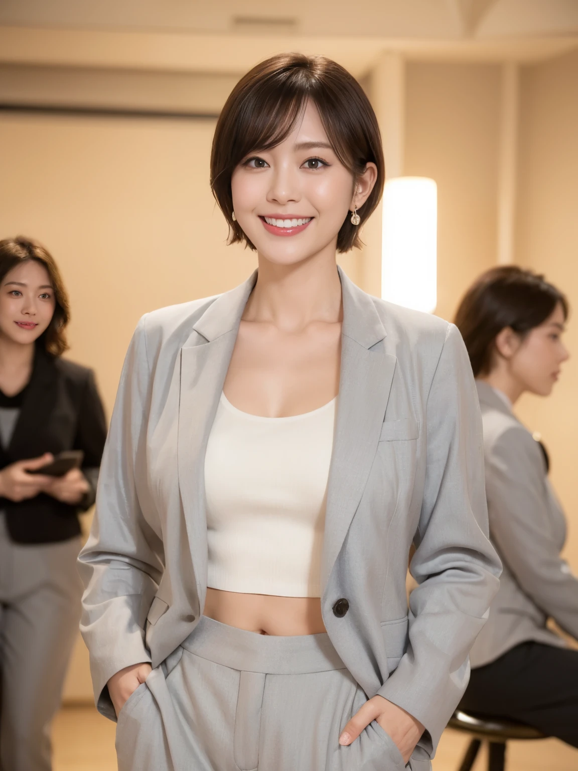 Japanese,Observe the audience,(Light grey business jacket:1.4),(Black blouse:1.8)、(White wool pants:1.4),(真珠のnecklaceを着けている:1.4)、Shiny skin,necklace,Earrings,Normal size breasts,Black Hair,Red Mouth,clavicle,Beautiful fingers,Full body portrait, short hair, Bobcut, 8k, Very detailed, highest quality, Anatomically correct beautiful skin, masterpiece , highest quality, Cinema Lighting, Use perspective throughout , Surrealism , ,(Realistic:1. 3),(RAW Photos) , Black Hair, light smile, short hair, Bobcut, Anaglyph, Stereogram, (Mature Woman:1), (38 years old), ((close:0.5)), Glare, double eyelid, Lip gloss, (smile:1), ((close your eyes:0.85)), Red Mouth, clavicle, ((Looking at the audience)), (The whole body is visible) , Standard body type ,c cup breasts、 Perfect round eyes , Fine texture