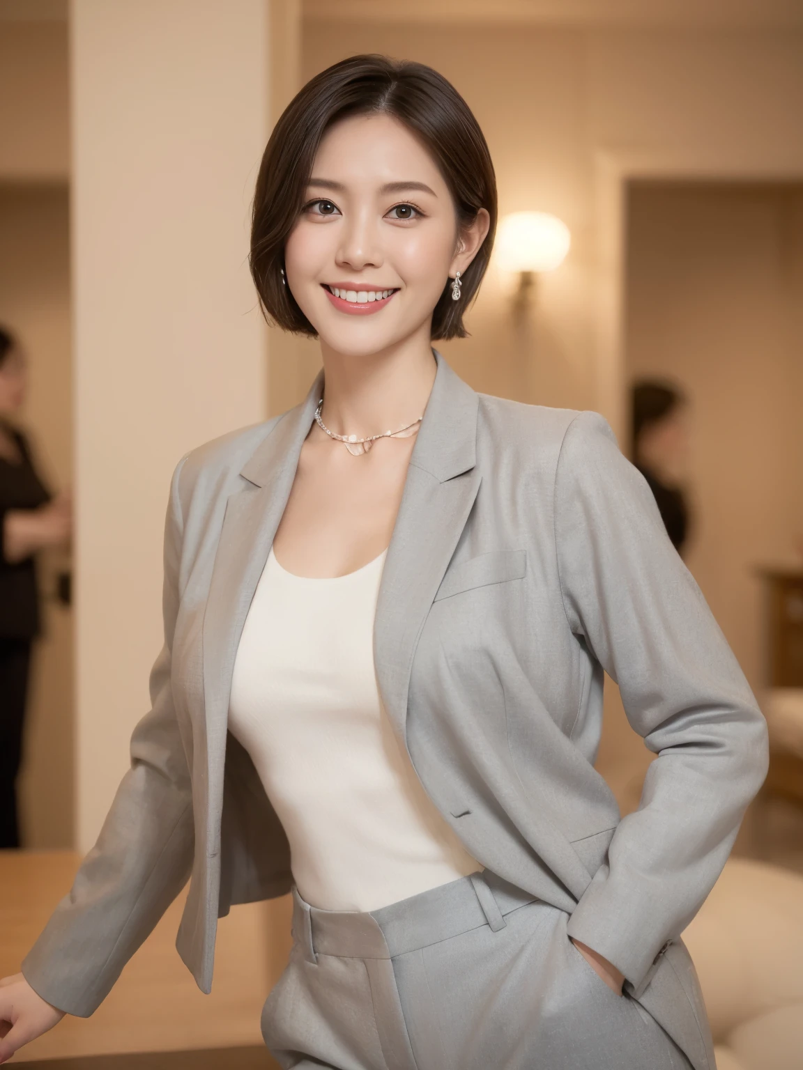 Japanese,Observe the audience,(Light grey business jacket:1.4),(Black blouse:1.8)、(White wool pants:1.4),(真珠のnecklaceを着けている:1.4)、Shiny skin,necklace,Earrings,Normal size breasts,Black Hair,Red Mouth,clavicle,Beautiful fingers,Full body portrait, short hair, Bobcut, 8k, Very detailed, highest quality, Anatomically correct beautiful skin, masterpiece , highest quality, Cinema Lighting, Use perspective throughout , Surrealism , ,(Realistic:1. 3),(RAW Photos) , Black Hair, light smile, short hair, Bobcut, Anaglyph, Stereogram, (Mature Woman:1), (38 years old), ((close:0.5)), Glare, double eyelid, Lip gloss, (smile:1), ((close your eyes:0.85)), Red Mouth, clavicle, ((Looking at the audience)), (The whole body is visible) , Standard body type ,c cup breasts、 Perfect round eyes , Fine texture