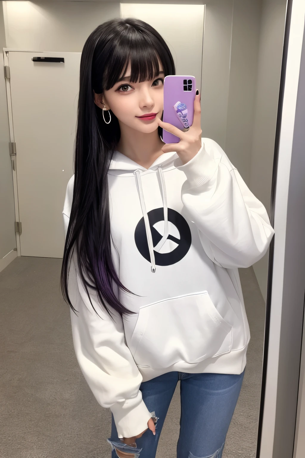 Anime A baggy white hoodie with the tag still attached New short jeans White sneakers A pretty face Long black hair Bangs pulled up Silver earrings Purple eyes A full-body pose on the left half of the screen A face with tongue out and a winking look and a peace sign on the top right A face in the middle of putting on makeup reflected in a mirror on the bottom right　 Detailed writing　
