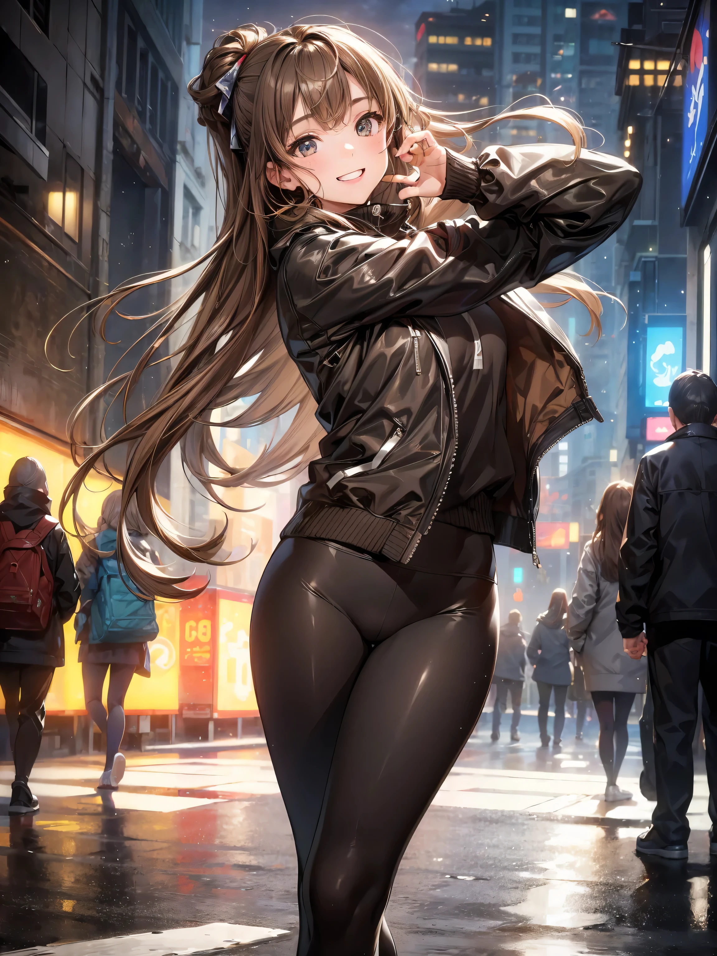 best quality, Ultra-high resolution, (Reality:1.4), 1 Girl, Oversized black jacket, White movement, (Yoga Pants:1), (Light brown hair:1.2), Looking at the audience, Smile, Foote Body, street, Urban, cosmetic, Wide Angle