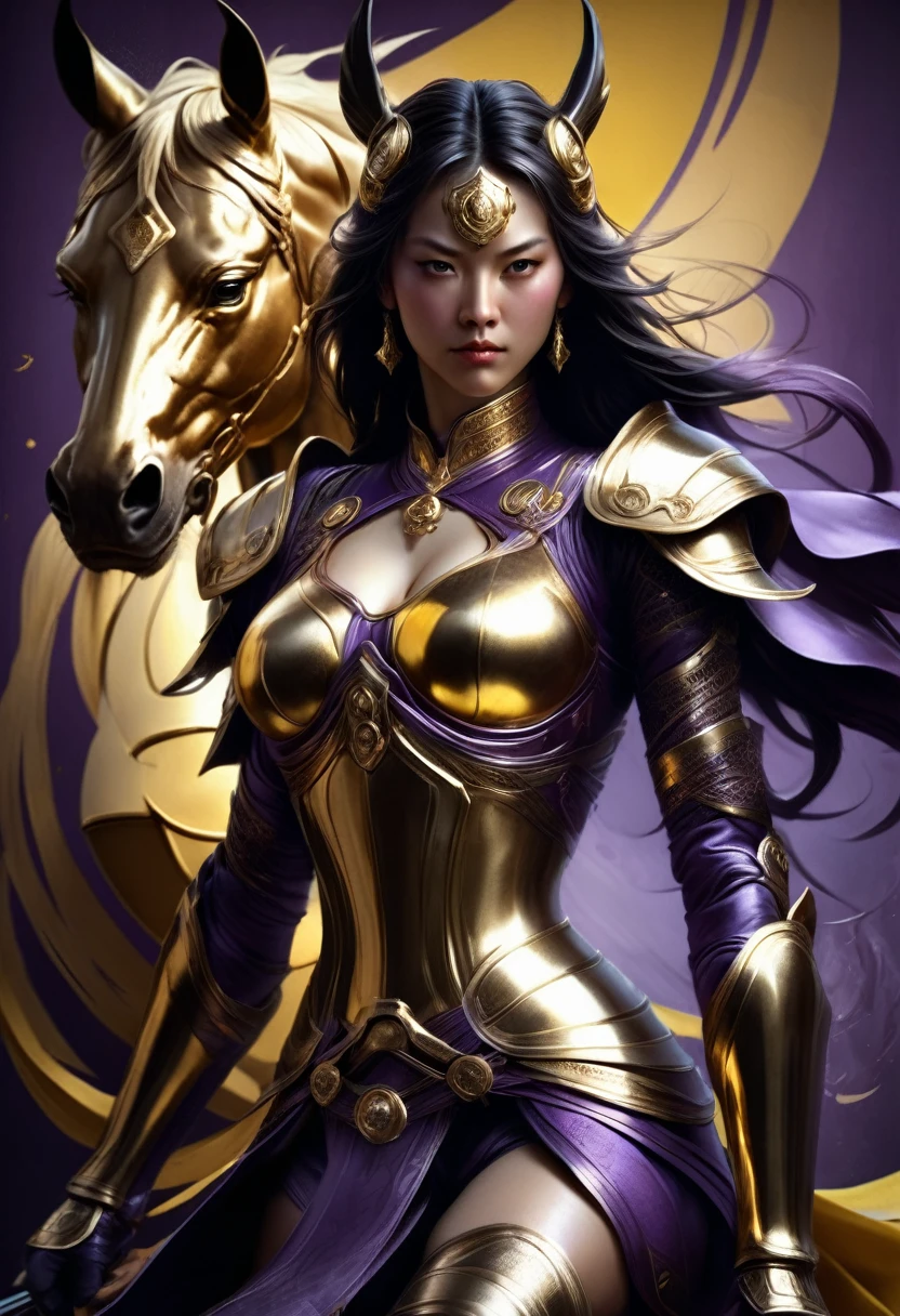 Tight Combat Suit, A angry eyes, mask Mortal combat, satin Tight body Suit, Samurai Warrior Woman, background is Giant Golden horse, a masterpiece, 8k resolution, dark fantasy concept art, by Greg Rutkowski, dynamic lighting, hyperdetailed, intricately detailed, Splash screen art, trending on Artstation, deep color, Unreal Engine, volumetric lighting, Alphonse Mucha, Jordan Grimmer, purple and yellow complementary colours