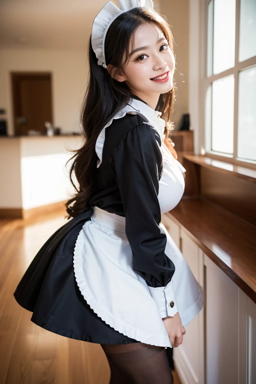 ((in 8K)), ((Raw photo)), ((best qualtiy)), High-definition raw color photos, professional photograpy, (Realistic:1.37), (photographrealistic:1.37), ((best qualtiy)), 25 year old woman, (finerly detailed face:1.2), (best qualtiy:1.2), Angle from below, low angles, from behind, Cinematic lighting, (Mole:1.0), (Smile:1.1), embarrassed but happy, (Skirt lift:1.4), Loose and wrinkled white panties, crotch, bow thigh, (Detailed Maid:1.2),