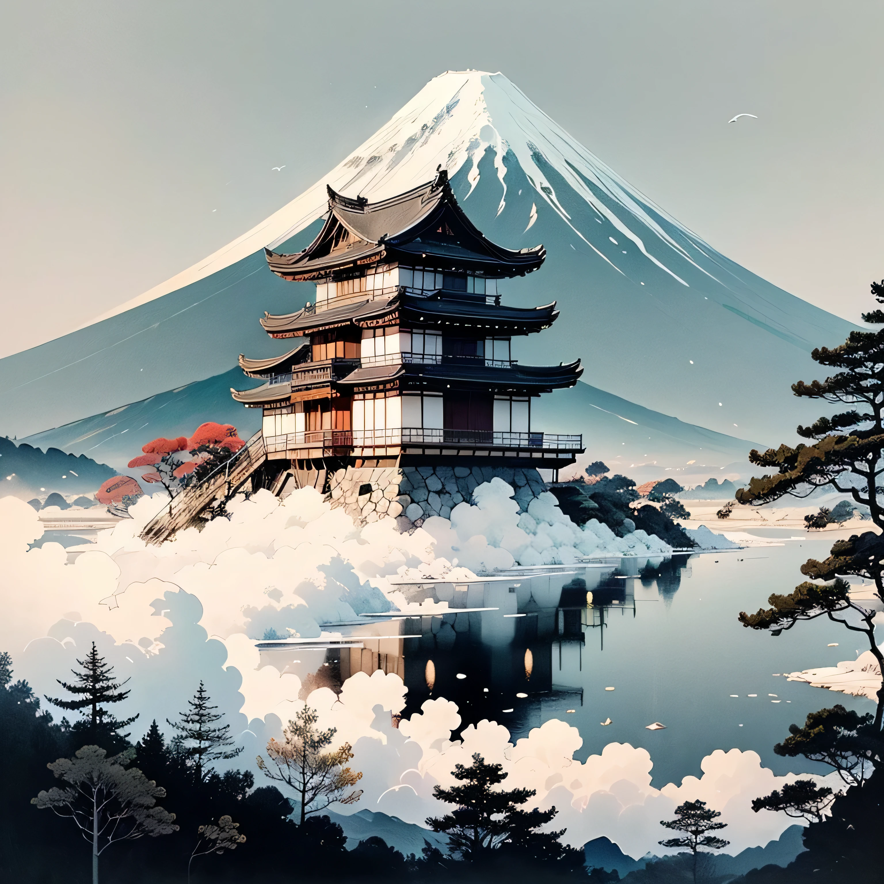 Mount Fuji in the background、Japanese(Three-story building)Small castle(１t)only、Large space、White background only、Black and White、Painting with a brush、Cloudless