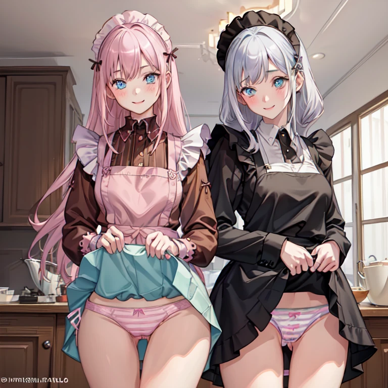 highest quality, masterpiece, ((2 girls:1.5)), ((smile:1.3)), (blush:1.3), Black Shirt, blouse, ((fun!!)), (Small breasts), Blonde, (Long sleeve), ((White apron:1.5)), ((Maid)), ((hair ornaments)), Kamimei, look at me, ((in house:1.5)), Taking a break from watching the audience, Cowboy Shot, (skirtlift:1.3), (Highly detailed pink striped panties:1.3), (Highly detailed panties:1.3), (skirt that rolls up:1.3), (Panties fully exposed:1.5), Light blue eyes, long hair, Glowing Eyes