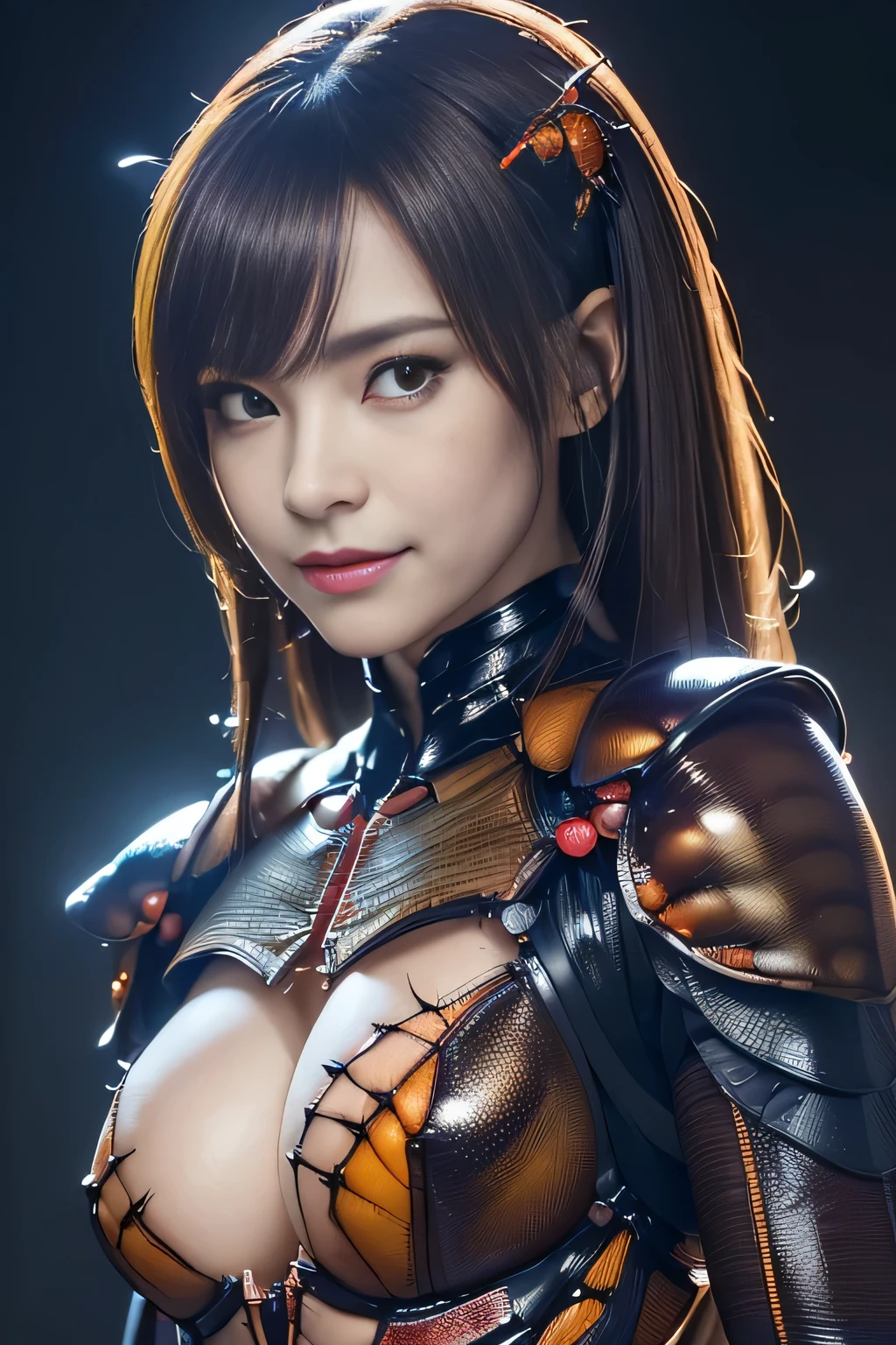 (high resolution,masterpiece,best quality,extremely detailed CG, anime, official art:1.4), realistic, photo, amazing fine details, all intricate, gloss and shiny,awesome many layers, 8k wall paper, 3d, sketch, kawaii, illustration,( solo:1.4), perfect female proportion,villainess, (fusion of dark brown cockroach and lady:1.4), (brown cockroach form lady:1.2), (brown cockroach lady:1.2), (fusion:1.2), (solo:1.4), (evil smile:1.2), muscular, abs, (cockroach brown exoskeleton bio insect suit:1.4), (cockroach brown exoskeleton bio insect armor:1.2), (brown transparency cockroach wing:1.4), (brown cockroach antennae:1.3),