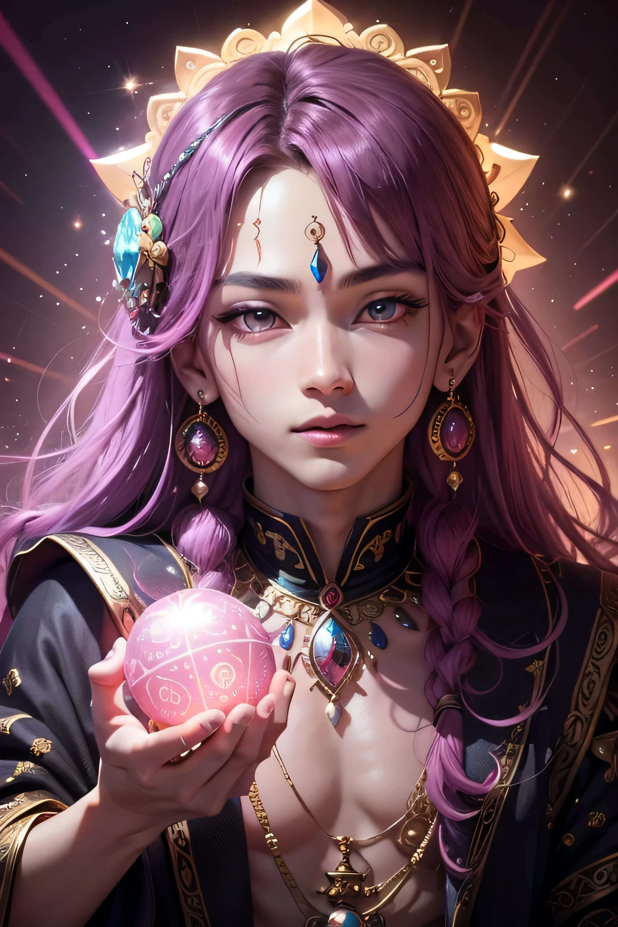 A shining fortune teller adorned with various jewels,Young men、Staring straight into the camera,Big eyes,Mouth slightly open、 in the center,Facing forward,Very bright color, Light Particles, The light shines, Musibu, Wallpaper Art, UHD Wallpaper,Background pink、Divination for meditation、Mysterious