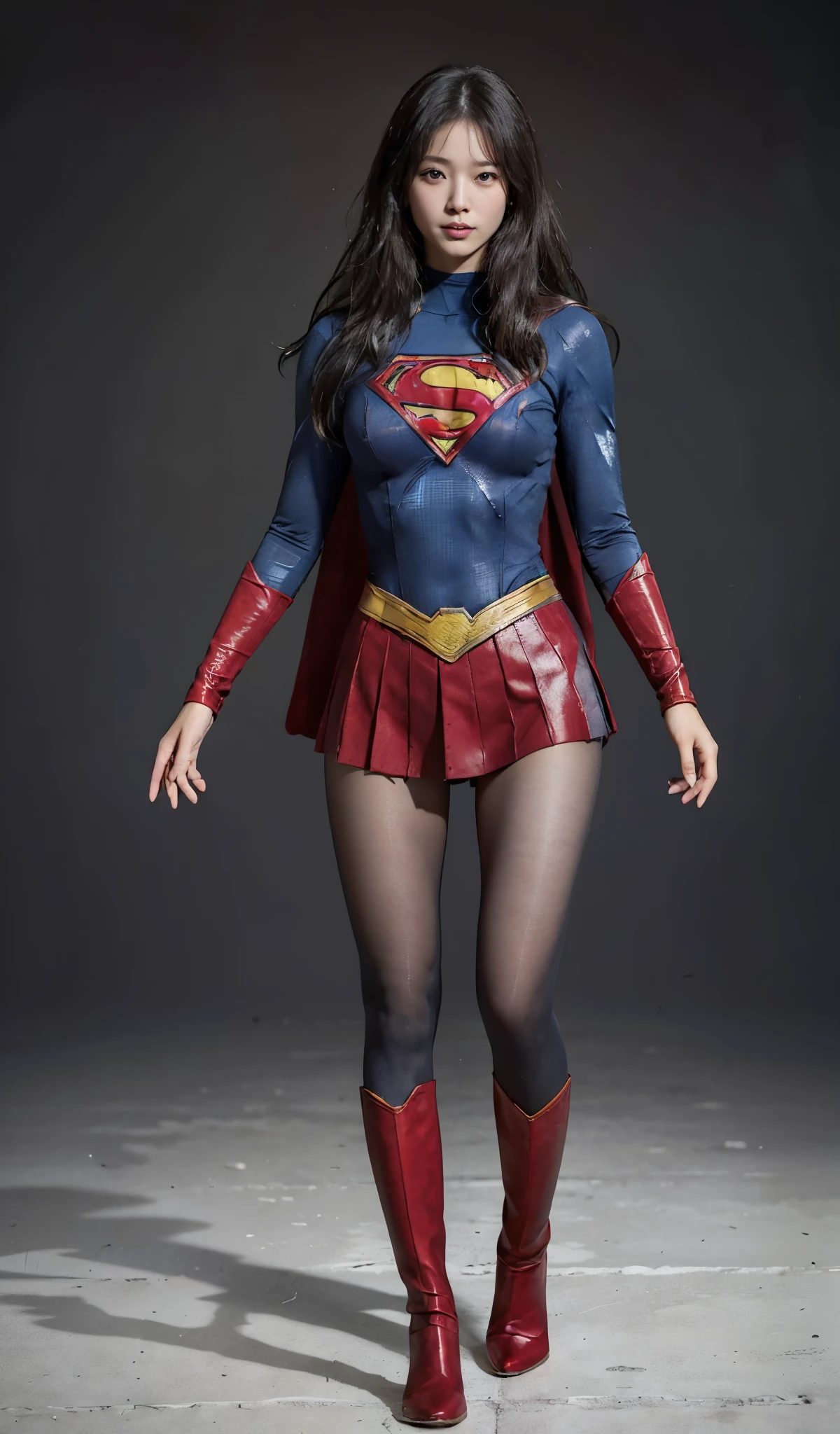No background、(((Beautiful legs in black tights.)))、(((Legally express the beauty of your smile)))、((((Make the most of your original images)))、(((Body-hugging Supergirl costume)))、(((Supergirl Costume)))、(((Beautiful Hair)))、(((suffering)))、(((Please wear black tights....、Wear red boots)))、((Best image quality、8k))、((highest quality、8k、masterpiece:1.3))、(((Preserve background )))、Sharp focus:1.2、Beautiful woman with perfect figure:1.4、Slim Abs:1.2、Wet body:1.5、Highly detailed face and skin texture、8k