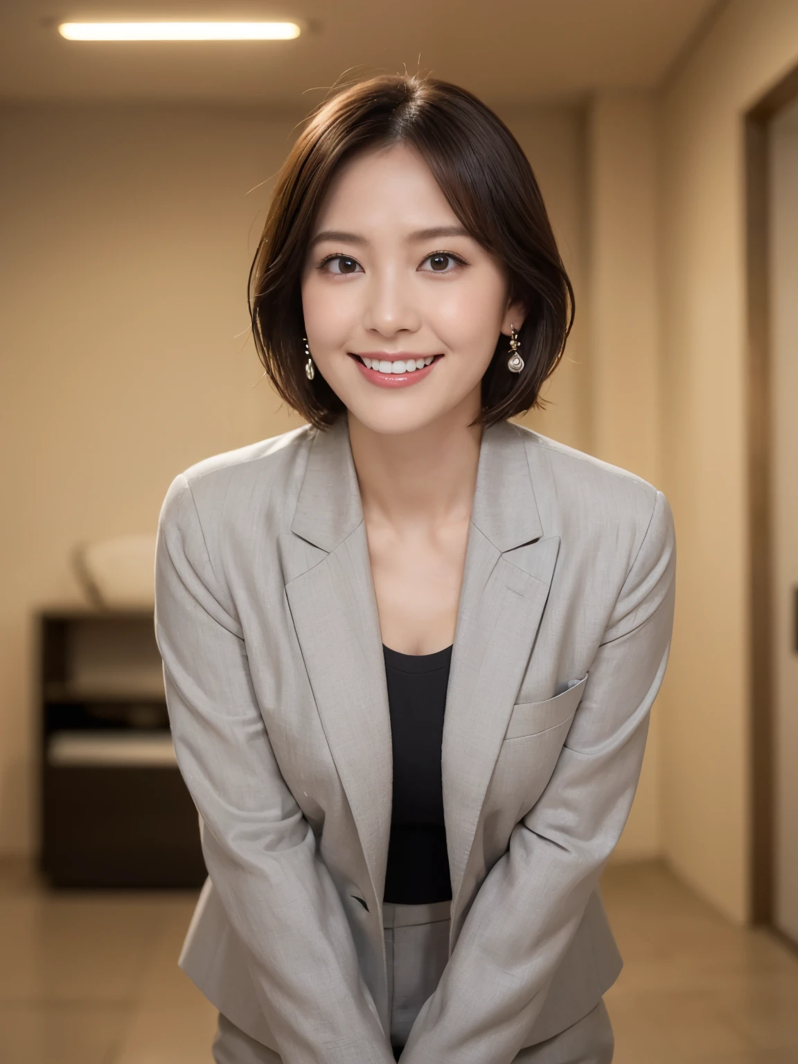Japanese,Observe the audience,(Light grey business jacket:1.4),（Black blouse:1.8）、(White wool pants:1.4),（真珠のnecklaceを着けている:1.4）、Shiny skin,necklace,Earrings,Normal size breasts,Black Hair,Red Mouth,clavicle,Beautiful fingers,Full body portrait,  short hair, Bobcut, 8k, Very detailed, highest quality, Anatomically correct beautiful skin, masterpiece , highest quality, Cinema Lighting, Use perspective throughout , Surrealism , ,(Realistic:1. 3),(RAW Photos) , Black Hair, light smile, short hair, Bobcut, Anaglyph, Stereogram, (Mature Woman:1), (38 years old), ((close:0.5)), Glare, double eyelid, Lip gloss, (smile:1), ((close your eyes:0.85)), Red Mouth, clavicle, ((Looking at the audience)),  (The whole body is visible) , Standard body type ,c cup breasts、  Perfect round eyes , Fine texture 