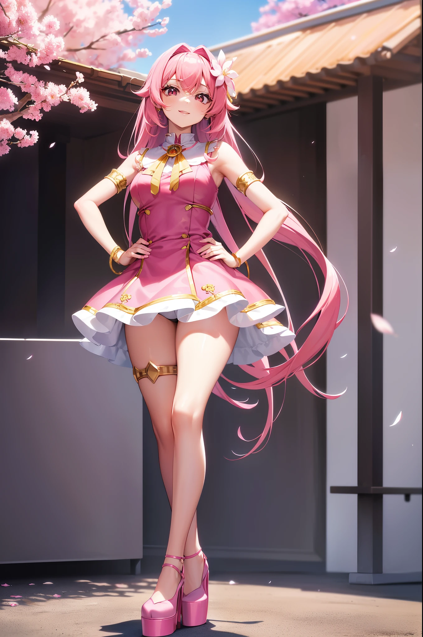 lacus4, (kawaii cosplay girl, pink mini dress, arm band, platform shoes), (masterpiece, posing, hand on hip, slim shoulders, 4K, Best Quality, Manga style: 1.8, cheerful, Young Adult, (ultra detailed face), (school, background with cherry blossoms), Drawing lines, high resolution, lacus4), 1girl, Solo, hourglass figure, Long hair, (Detailed side bangs, Hair Ornament, Detailed pink hair with highlights, glossy strands, slim arms, detailed golden headband), cute smile, large eyes, (slim body, standing with a slightly turned waist