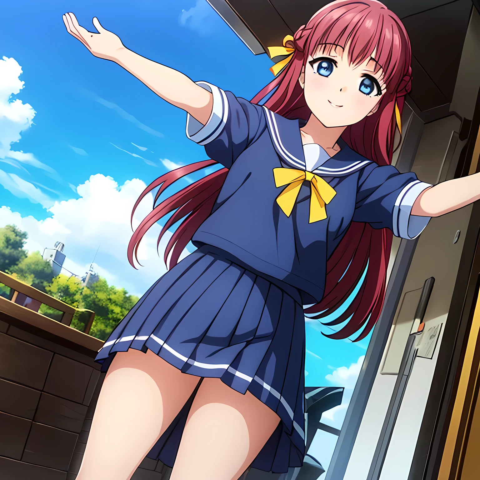 (highest quality, masterpiece:1.2), highest quality, High resolution, 1080p, 8K, CG of the heroine of a beautiful girl game, Height: 158cm, A beautiful woman with a smile falls upside down from the sky like an angel, A face that everyone loves, Glossy lips, Even bangs, Double, Long eyelashes on both the top and bottom, Big wide blue eyes, The very large and thick yellow ribbon bowtie is very cute., Beautiful, shiny red long hair, A long, neat, dark navy pleated skirt, (((A winter sailor uniform in dark navy blue))), Ribbon in hair, Thick calves, Tight waist, ((Many navy blue pleated skirts falling from the sky)), Approaching the viewer with open arms, ((now、God to the viewers々Trying to kiss you)), A very sacred temple in the sky, Shooting from below