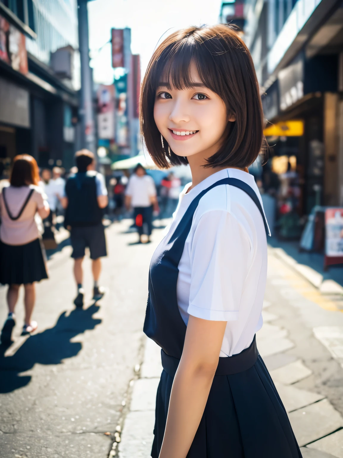 ultra best quality、masterpiece、超hight resolution、depth of fields、(Photorealsitic:1.4)、(awardwinning photo、incredible masterpiece:1.3) 、Raw photography、the golden ratio、the Extremely Detailed CG Unity 8K Wallpapers、Detailed and complex、Original、hight resolution、Raw foto、(perfect body type)、Detailed and complex、Digital SLR、softlighting、(background person blur:1.1)、SIGMA 85 mm F/1.4、50mm Lenac lighting、nffsw、hyper realstic、Color Grade、dynamicposes、Portrait Break、 solo、short-hair:1.4、girl with、Super beauty、(Full body like:1.2)、japanese bodybian、solo)、thighs gap、A smile:1.4、University、cute little high school girl、short-cut、Detailed Realistic、Skin Texture、(realistic human skin texture)、Front view View viewer、natural soft light、Daytime、in a street、deep-shadows、cute little、21 years old BREAK、 a street、The state of the store、akihabara、Shinjuku、with no people、(akihabara:1.2)