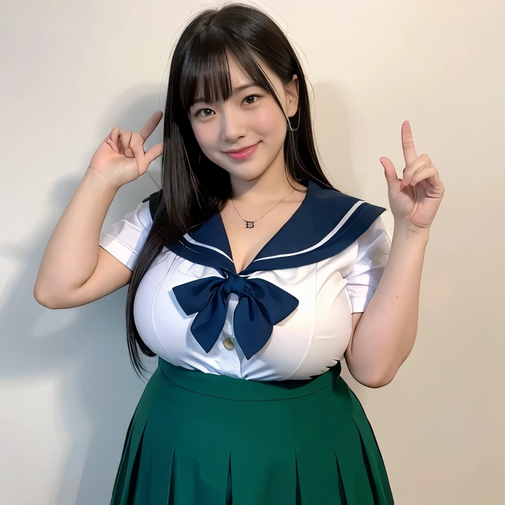 女の子1 person, alone, highest quality, 8k, Japanese women photos, , kindergartenてストレートなBlack Hair,, ((plump)), ((Big Breasts)),Sailor suit,Sailor suit,, The best smile,Grow eyes, Shining happiness, Caring personality, Sweet feminine aura, Calm but firm attitude, I have a few freckles on my cheeks, A spirit of warmth and joy, Discreet and perfect for class,Eyes shining with devotion, a humble and dedicated kindergarten teacher, 1 Breasts,Big Breasts,Sailor suit,mini skirt,Black HairのストレートLong Hair,Long Hair,Black Hair,17 years old,valley,It's heartbreakie,Cute pose,Purikura,Purikura,Finger Heart,The whole body was photographed,The whole body was reflected,Leather shoes,Green background,Green background,Green background,超Big Breasts,Big Breasts,Big Breasts,大きなvalley,valley,valley,胸のvalley,It's heartbreaking.,I can see your chest,Accentuated breasts,Big Breasts,Big Breasts