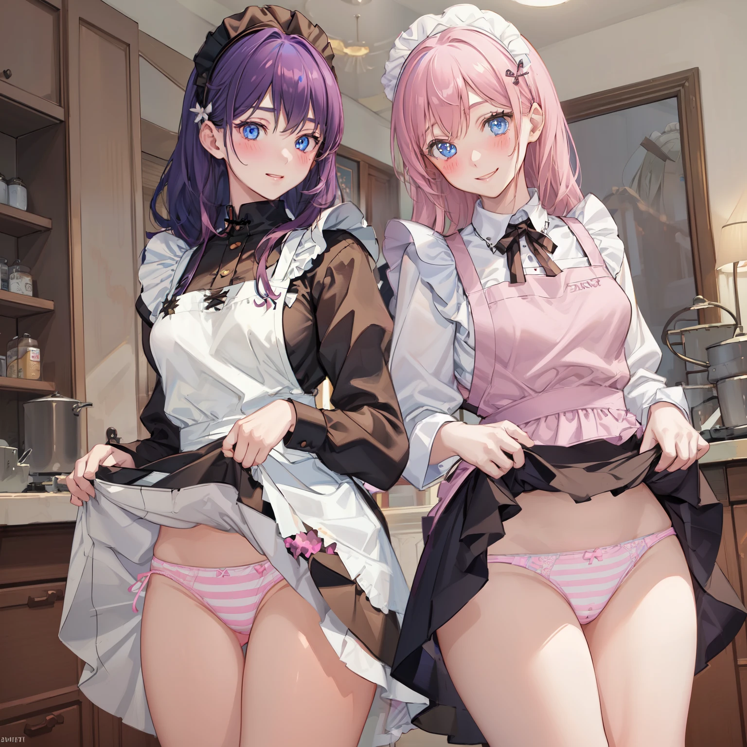highest quality, masterpiece, ((2 girls:1.5)), ((smile:1.3)), (blush:1.3), Black Shirt, blouse, ((fun!!)), (Small breasts), Blonde, (Long sleeve), ((White apron:1.5)), ((Maid)), ((hair ornaments)), Kamimei, look at me, ((in house:1.5)), Taking a break from watching the audience, Cowboy Shot, (skirtlift:1.3), (Highly detailed pink striped panties:1.3), (Highly detailed panties:1.3), (skirt that rolls up:1.3), (Panties fully exposed:1.5), Light blue eyes, long hair, Glowing Eyes