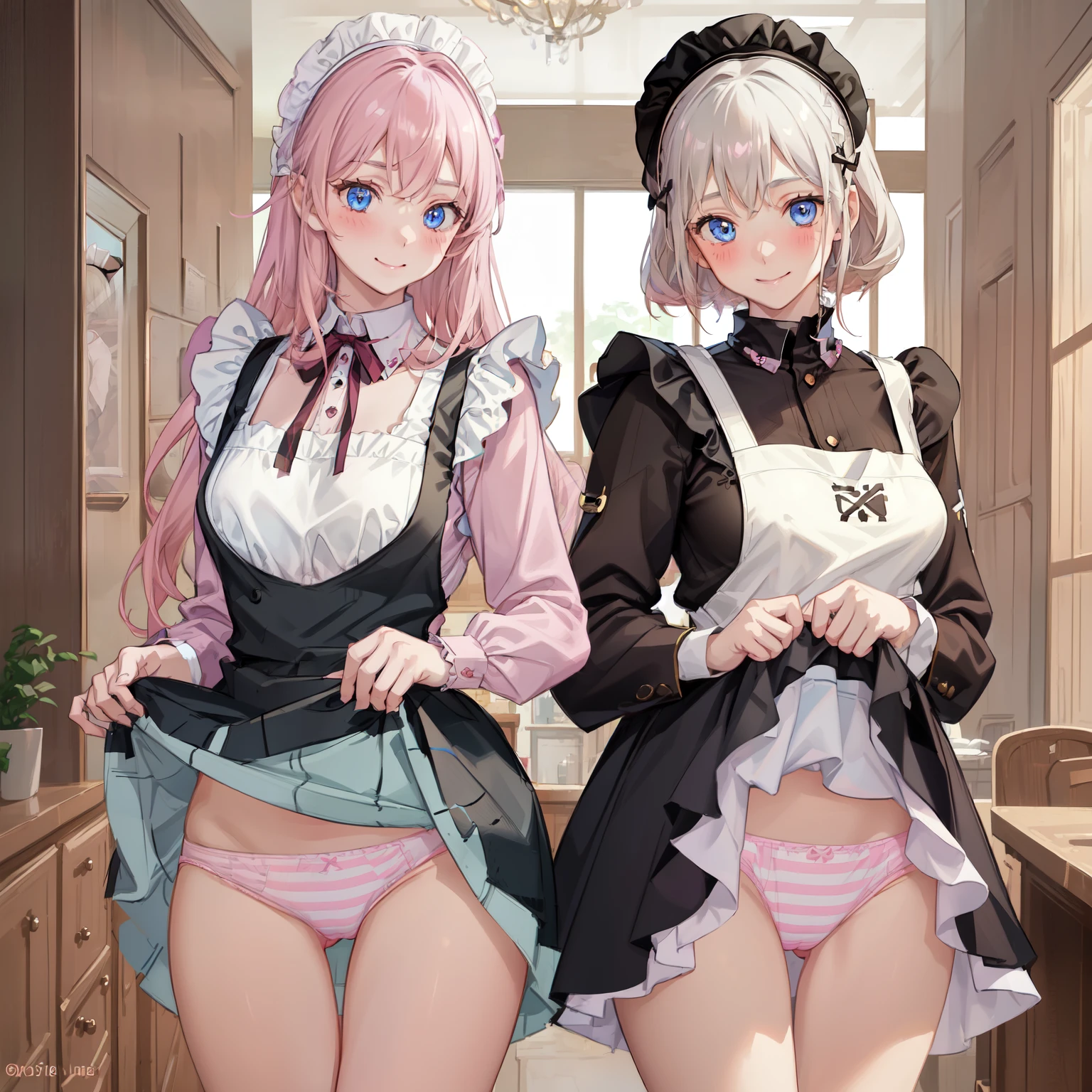 highest quality, masterpiece, ((2 girls:1.5)), ((smile:1.3)), (blush:1.3), Black Shirt, blouse, ((fun!!)), (Small breasts), Blonde, (Long sleeve), ((White apron:1.5)), ((Maid)), ((hair ornaments)), Kamimei, look at me, ((in house:1.5)), Taking a break from watching the audience, Cowboy Shot, (skirtlift:1.3), (Highly detailed pink striped panties:1.3), (Highly detailed panties:1.3), (skirt that rolls up:1.3), (Panties fully exposed:1.5), Light blue eyes, long hair, Glowing Eyes