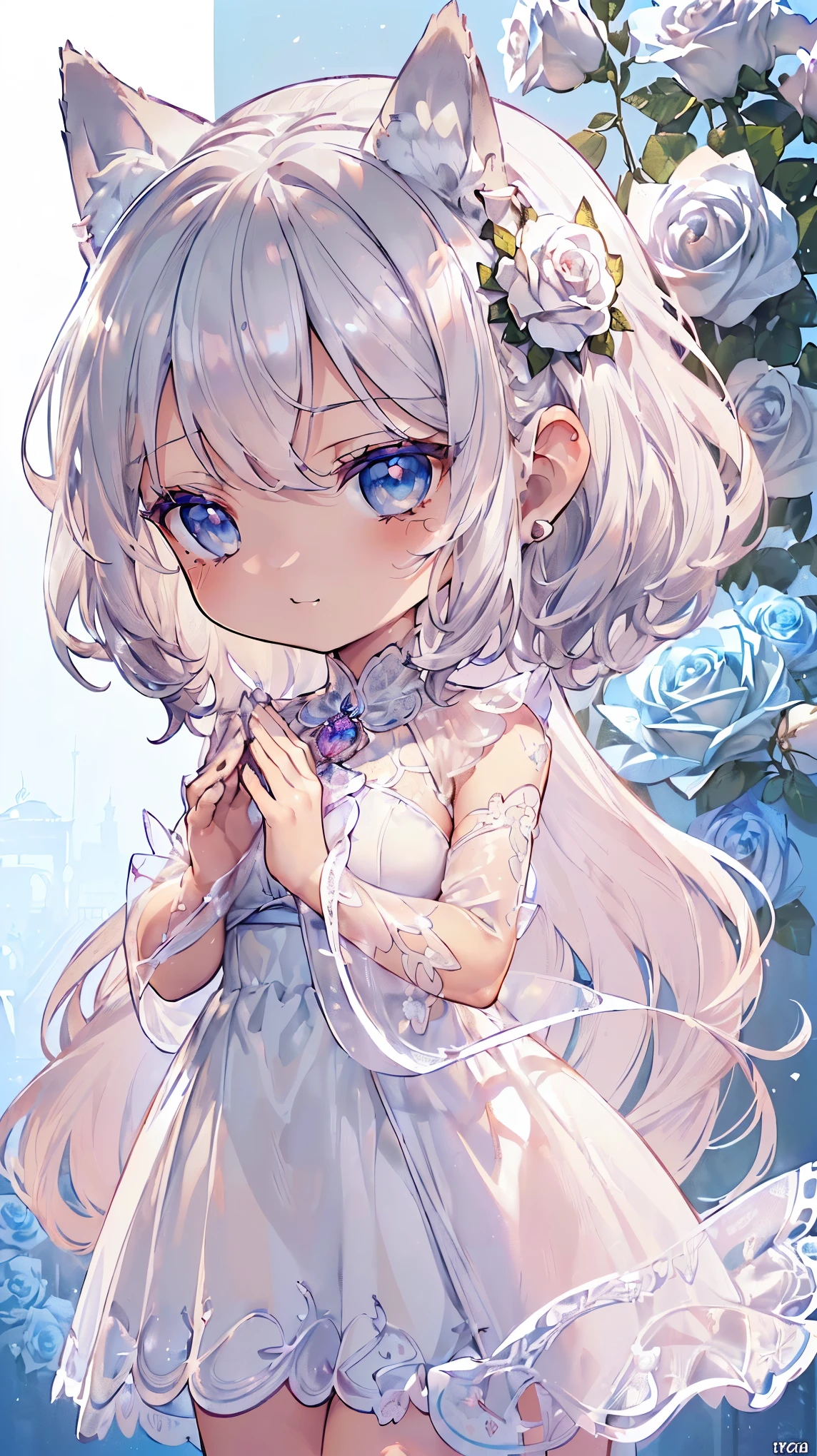 (((masterpiece))), (((highest quality))), ((ultra-detailed)), ((super fine illustration)), ((ultra-fine painting)), (16K highest quality wallpaper:1.4), (Chibi:2.0), (Full body:1.4), (Highly detailed and delicate illustration style,:1.8) detailed skin texture, detailed cloth texture, detailed rose flower texture, detailed wood texture, extreme detailed description, (T-masterpiece), (highly detailed face:1.4), original, RAW photo, professional, Intricate details, super details, Direct light:1.6, (Perfect anatomy:1.4), (highly detailed hands:1.2), (highly detailed fingers:1.2), (highly detailed fingertips:1.2), (22-years-old), real, (solo:1.6), (A very beautiful and attractive silver fox fashion model who is a messenger of God and a traditional sacred shrine maiden:1.4) BRAKE (Beautiful and adorable silver fox ears:1.6), (Highly detailed and delicate silver fox ears:1.4), (beautiful and well-shaped big breasts:1.2), (beautiful and well-shaped buttocks), (beautiful and shiny silver hair:1.6), (highly detailed and delicate silver hair:1.4), (beautiful clear blue eyes that shine with great detail:1.6), (highly detailed and delicate blue eyes:1.2), (highly detailed face:1.4), (smile:1.4), (looking at viewer:1.4), (standing:1.4), (Celebration:1.4) BRAKE ((A beautiful and gorgeous princess dress that is detailed and delicate to be worn at celebratory occasions:1.4)) BRAKE ((Holding in both hands a large bouquet of highly detailed and delicate ((white and pink roses)):1.3)) BRAKE (Just after noon:1.4), (Celebration:1.4), ((Highly detailed and delicate white rose flower and pink rose flower garden background:1.4)), (Highly detailed and delicate royal palace courtyard background in just after noon in spring:1.4) BRAKE