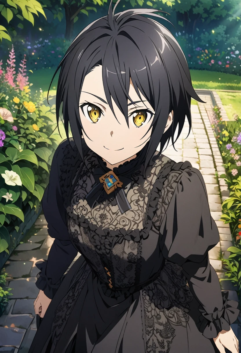 Hyakuya Yuuichiro \(Sword Art Online\), (long black hair), (Golden eyes):1.2, black Victorian dress, bangs, smiling mischievously, ((ultra-detailed)), ((illustration)), (neat hair)), (beautiful detailed eyes), (female), 1girl, standing, ((garden)), looking at viewer
