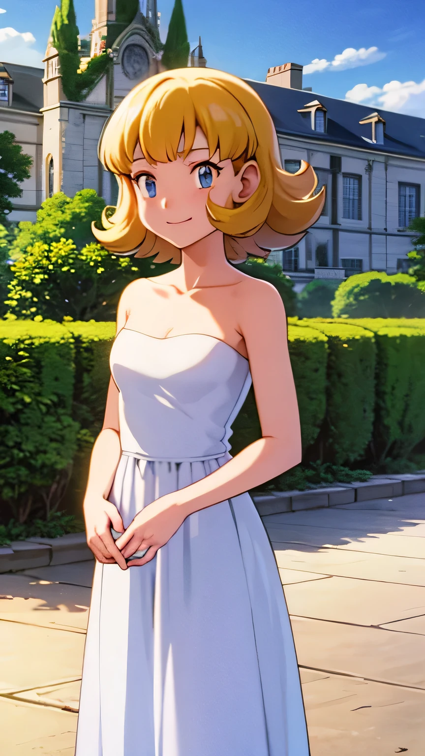 pokemovies, sugimori ken, ken sugimori ken \(style\), anime screencap, masterpiece, best quality, highres, outdoors, small breasts, 1 girl, Solo, Blue Eyes, Beautiful Detail Eyes, Blonde Medium Hair, Short Hair, Bangs, Good hands are down, Smile, Blushing, Bare Neck, Bare Shoulders, strapless, White maxi dress. Standing up. Cowboy shot. A landscape of blue skies, a mountain, a mansion, an garden maze
