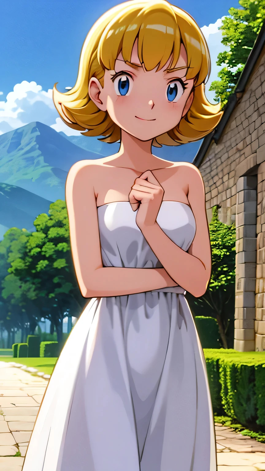 pokemovies, sugimori ken, ken sugimori ken \(style\), anime screencap, masterpiece, best quality, highres, outdoors, small breasts, 1 girl, Solo, Blue Eyes, Beautiful Detail Eyes, Blonde Medium Hair, Short Hair, Bangs, Good hands are down, Smile, Blushing, Bare Neck, Bare Shoulders, strapless, White maxi dress. Standing up. Cowboy shot. A landscape of blue skies, a mountain, a mansion, an garden maze
