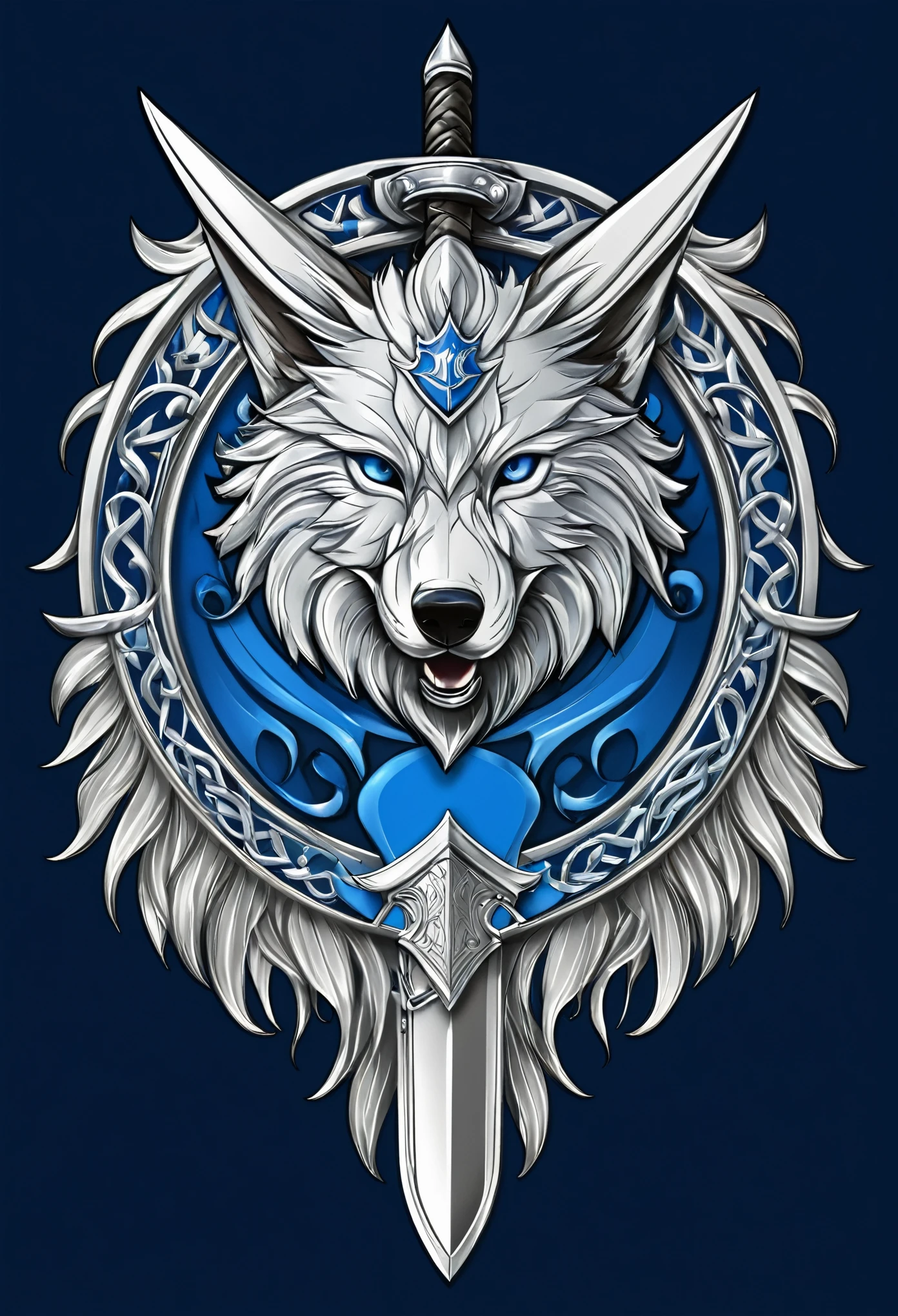 「Mercenaries from Another World『Pride of the Silver Wolf』Create your own coat of arms。We would like the coat of arms to include the following elements::
- Name of the mercenary group『Pride of the Silver Wolf』- A design that symbolizes the pride and unity of wolves - Incorporating elements of swords and shields, which are symbols of warriors, into the coat of arms - A powerful design that expresses bravery and nobility - The background is colored in silver and blue, which symbolize strength」