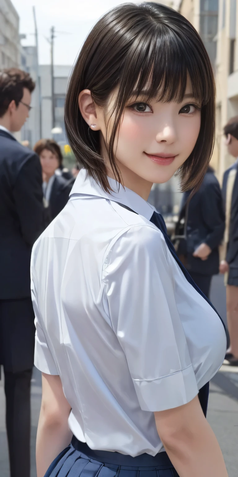 (masterpiece:1.3), (Realistic, RAW Photos, highest quality: 1.4), (One Girl), Beautiful Face, (超Realistic Face、シンメトリーのBeautiful Face), (Short black hair, short hair:1.6、bangs:1.3、Show off your beautiful ears), Beautiful Hairstyles, (Realistic eyes), Beautiful details, Long eyelashes, (Realistic Skin), Beautiful Skin, [Big Breasts:1.3], {Huge|big|Hugeな|Mega} chest:2, (Perfect body:1.3), (Detailed body:1.2), (tie), (Collared shirt, Pleated skirt:1.3), Absurd, charm, Ultra-high resolution, Ultra-realistic, Very detailed, Golden Ratio,Very cute beautiful woman、28 years old、Beautiful angle from behind、Background in front of the school building、smile、shut up、((Everything is depicted in great detail:1.8))