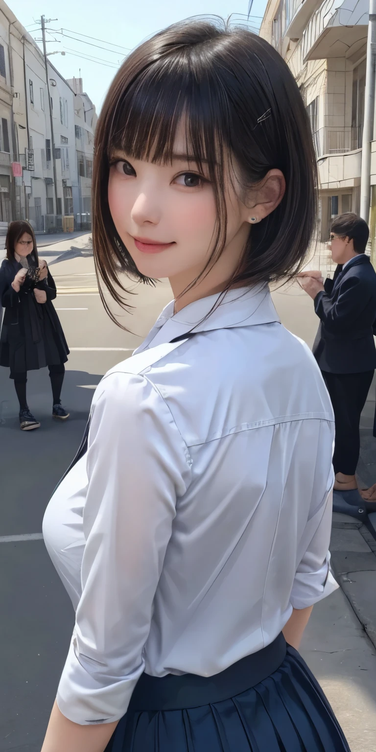(masterpiece:1.3), (Realistic, RAW Photos, highest quality: 1.4), (One Girl), Beautiful Face, (超Realistic Face、シンメトリーのBeautiful Face), (Short black hair, short hair:1.6、bangs:1.3、Show off your beautiful ears), Beautiful Hairstyles, (Realistic eyes), Beautiful details, Long eyelashes, (Realistic Skin), Beautiful Skin, [Big Breasts:1.3], {Huge|big|Hugeな|Mega} chest:2, (Perfect body:1.3), (Detailed body:1.2), (tie), (Collared shirt, Pleated skirt:1.3), Absurd, charm, Ultra-high resolution, Ultra-realistic, Very detailed, Golden Ratio,Very cute beautiful woman、28 years old、Beautiful angle from behind、Background in front of the school building、smile、shut up、((Everything is depicted in great detail:1.8))